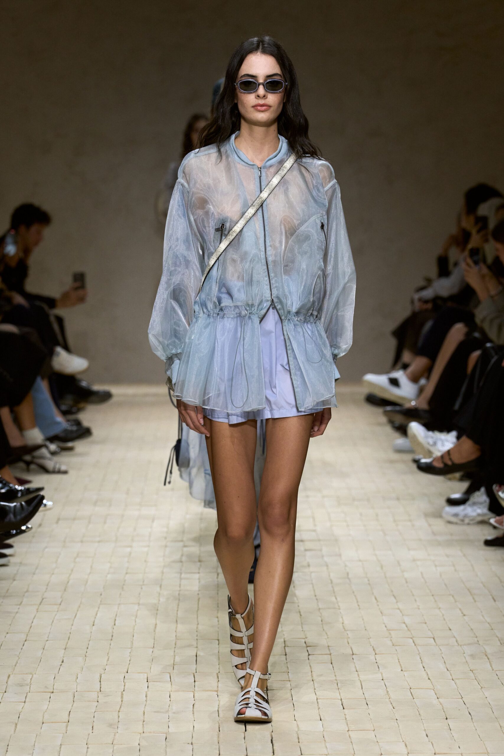 blue silk long-sleeve collared relaxed layered sheer jacket