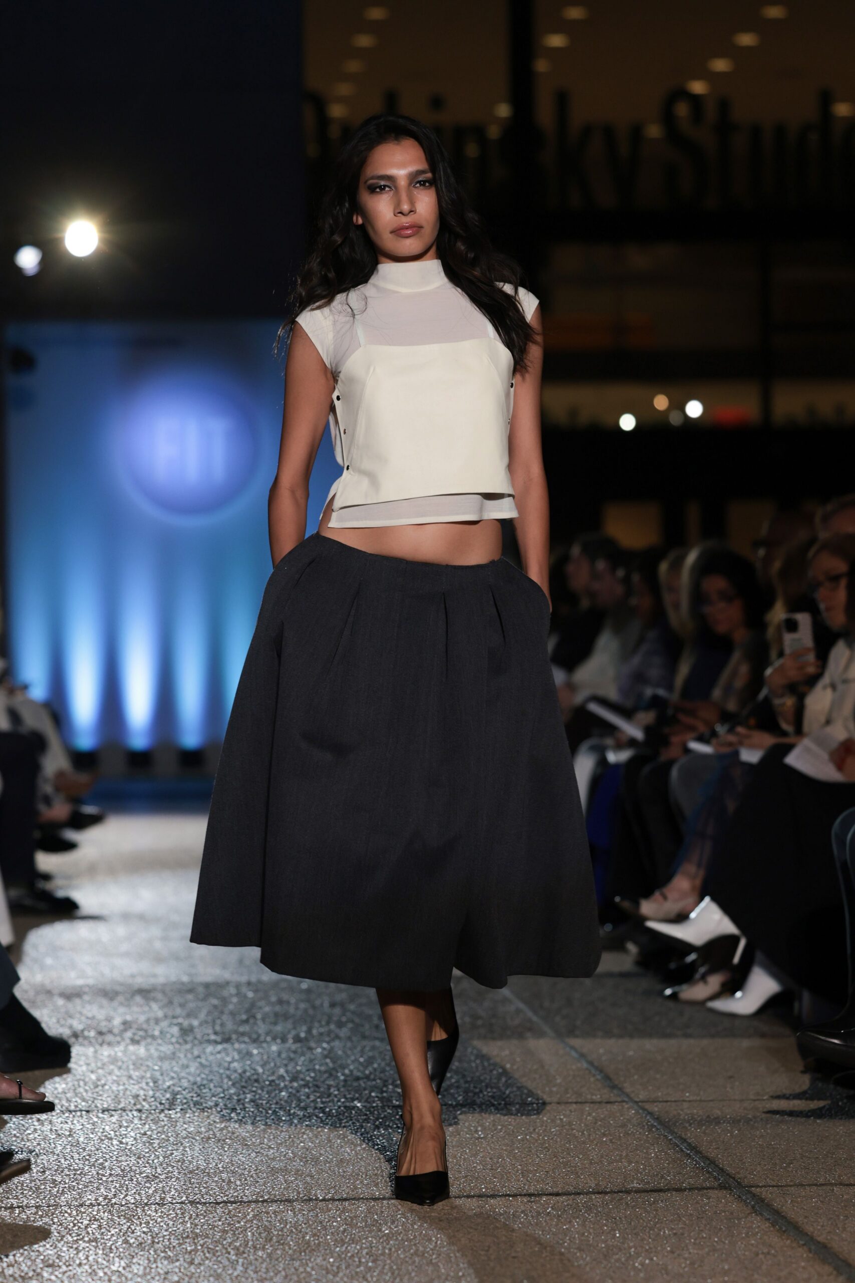 white fitted top gray midi skirt