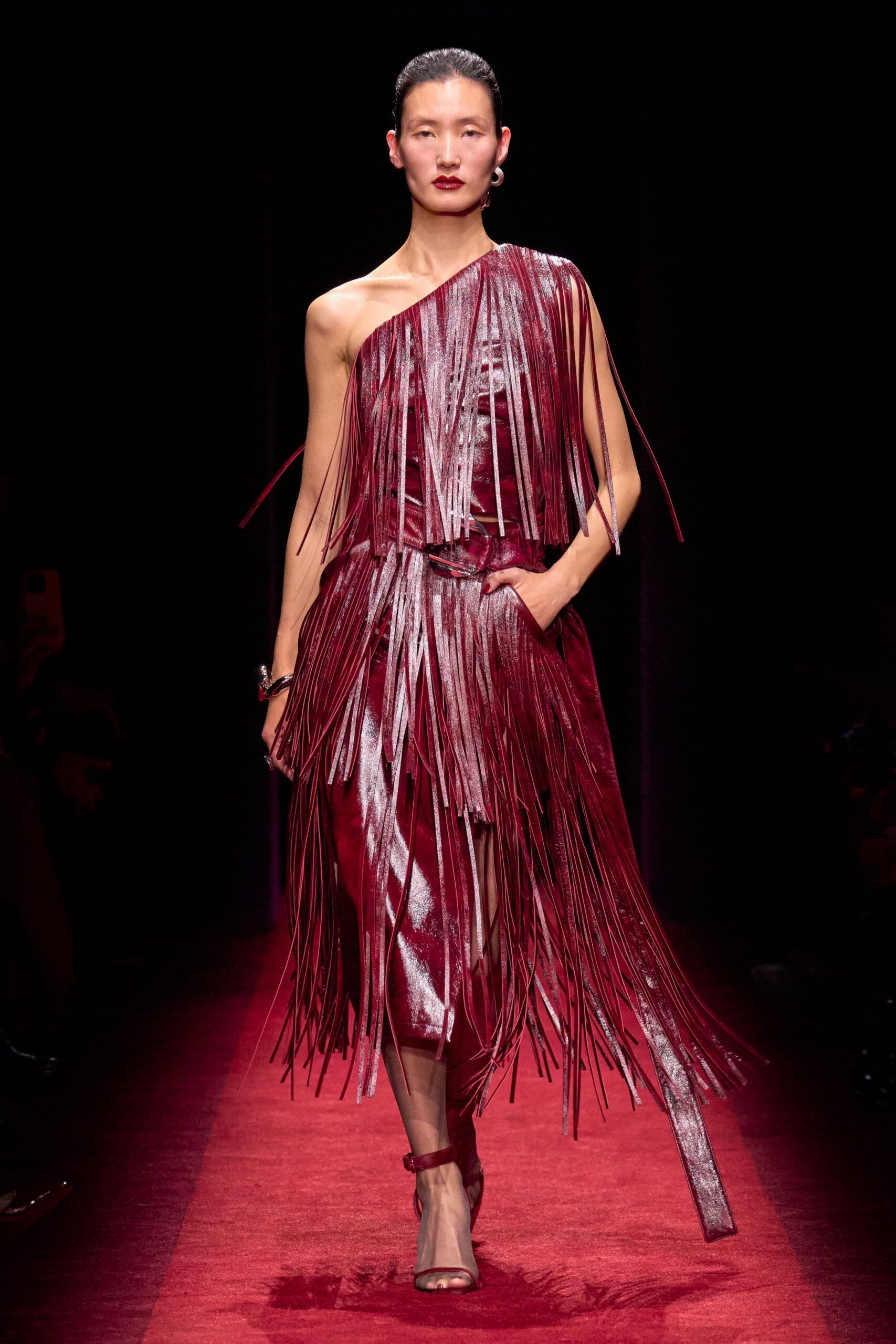 red silk sleeveless off-shoulder fitted fringed midi dress