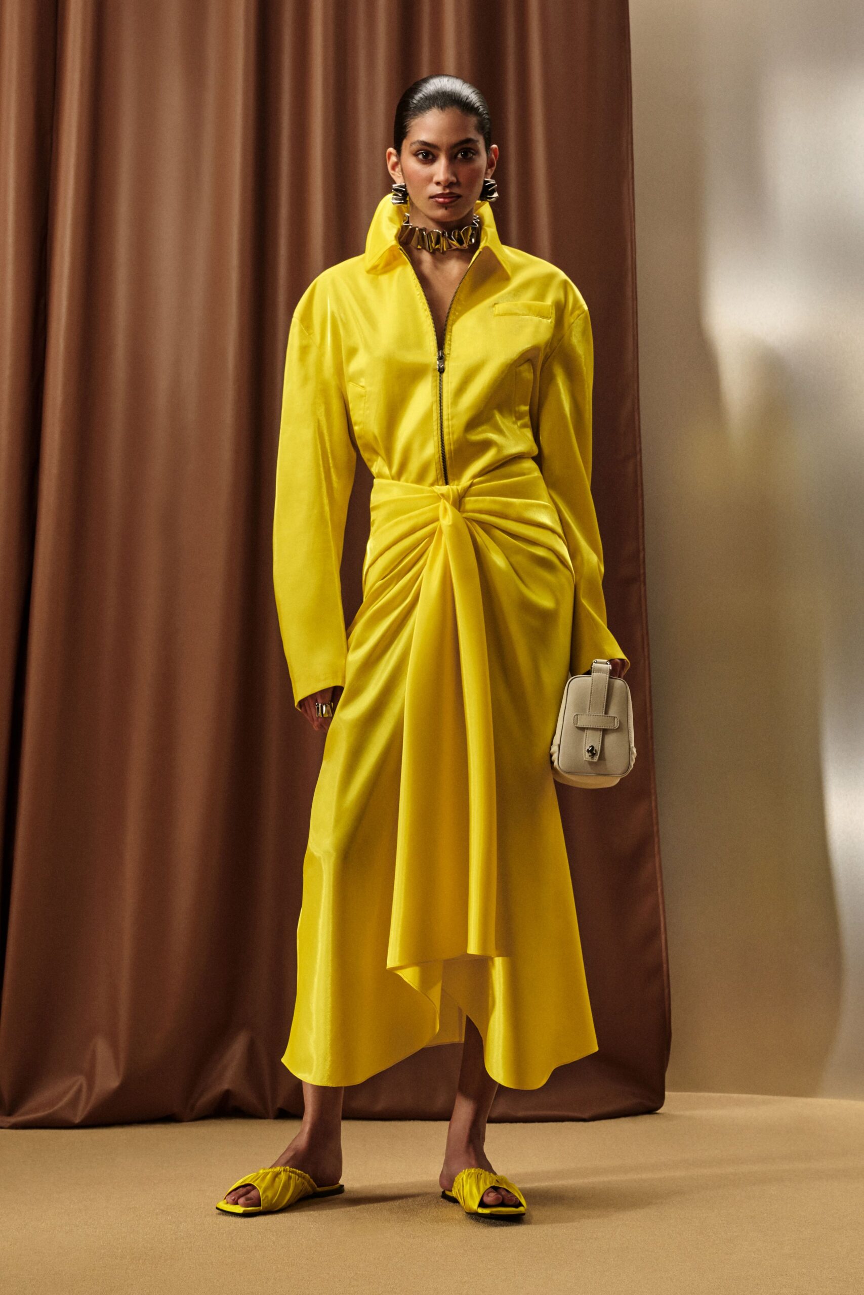 yellow cotton long-sleeve collared relaxed zippered draped dress