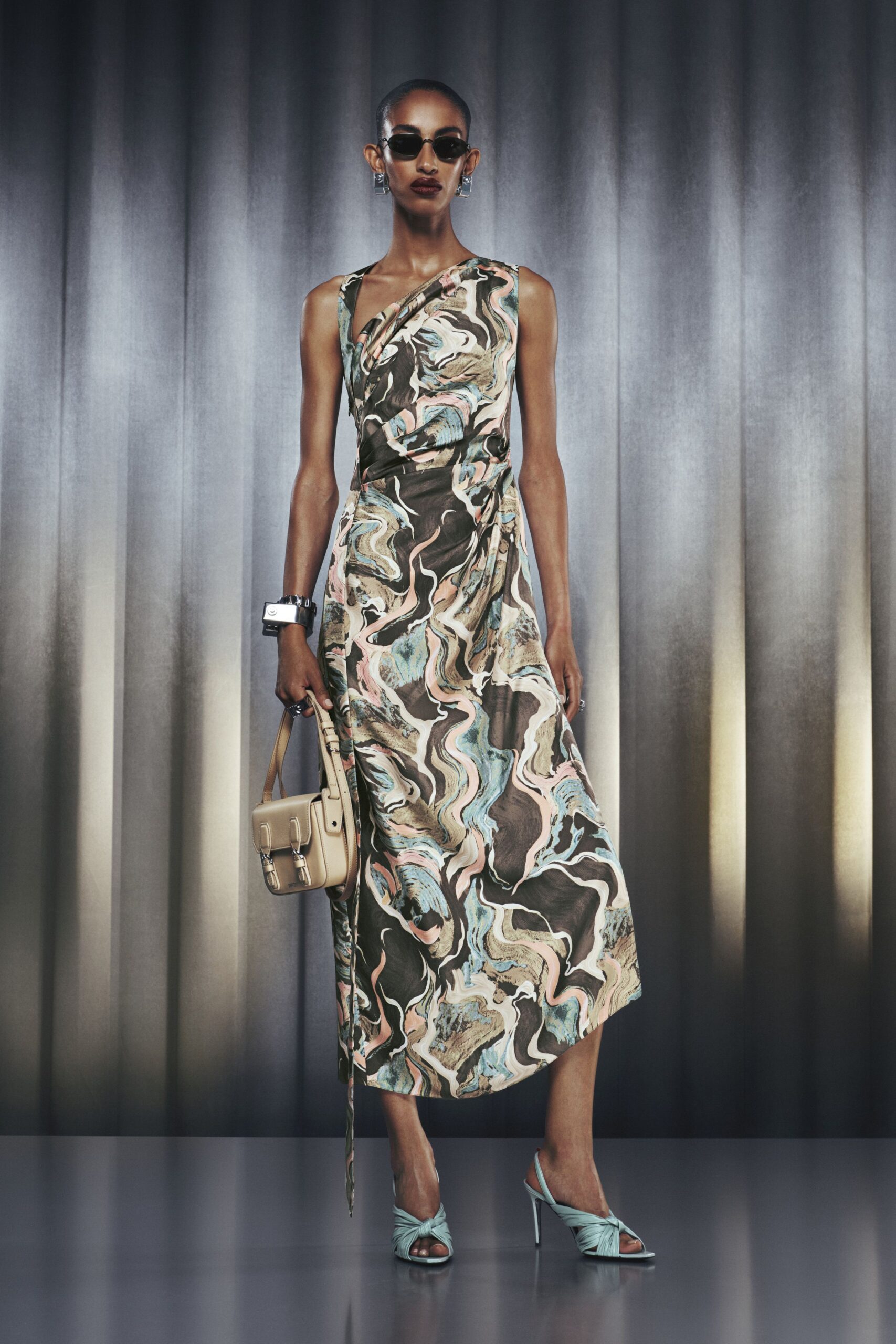 multi silk sleeveless v-neck fitted draped midi dress