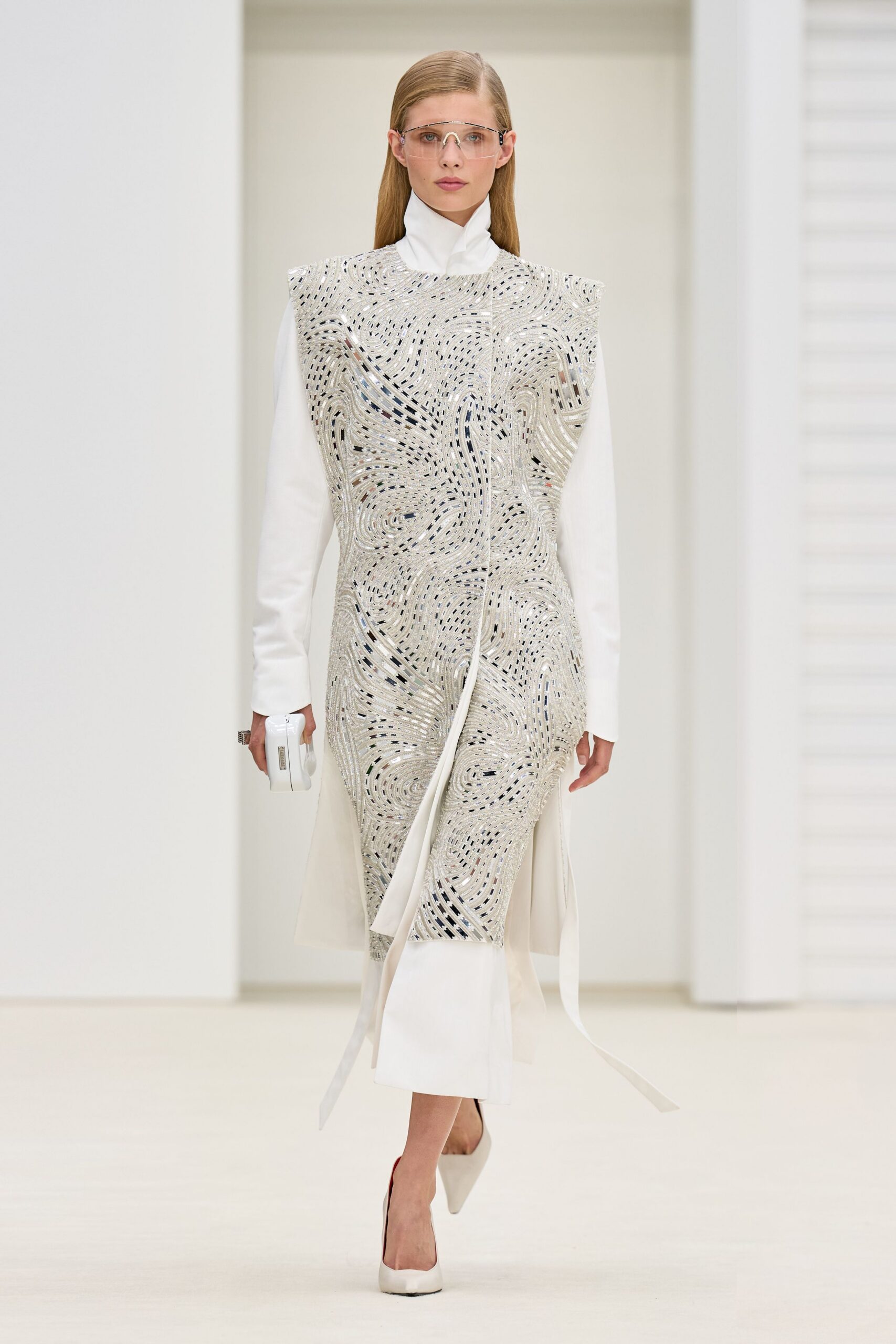 white silk long-sleeve collared fitted layered zippered dress