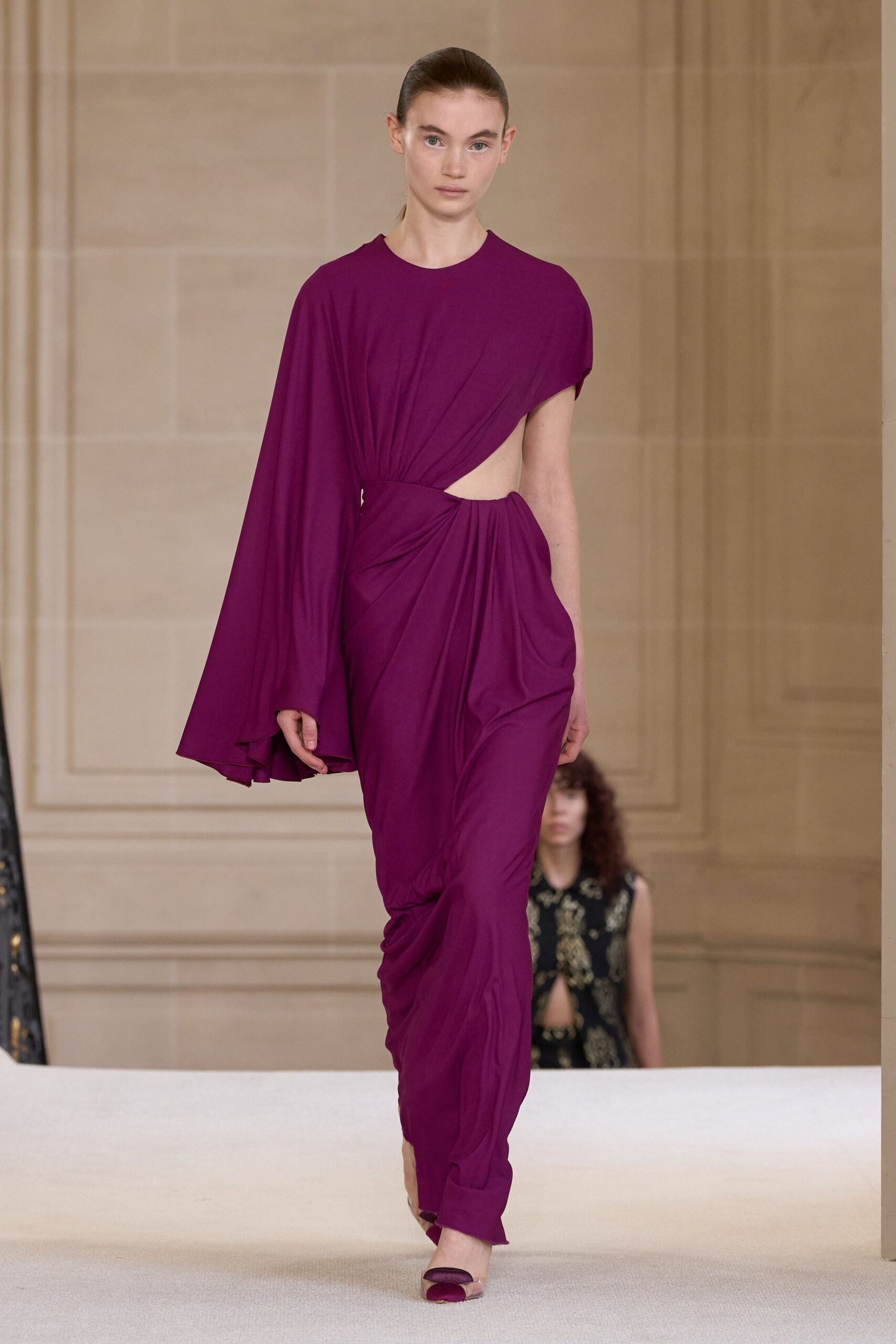 purple silk sleeveless asymmetric fitted draped maxi gown