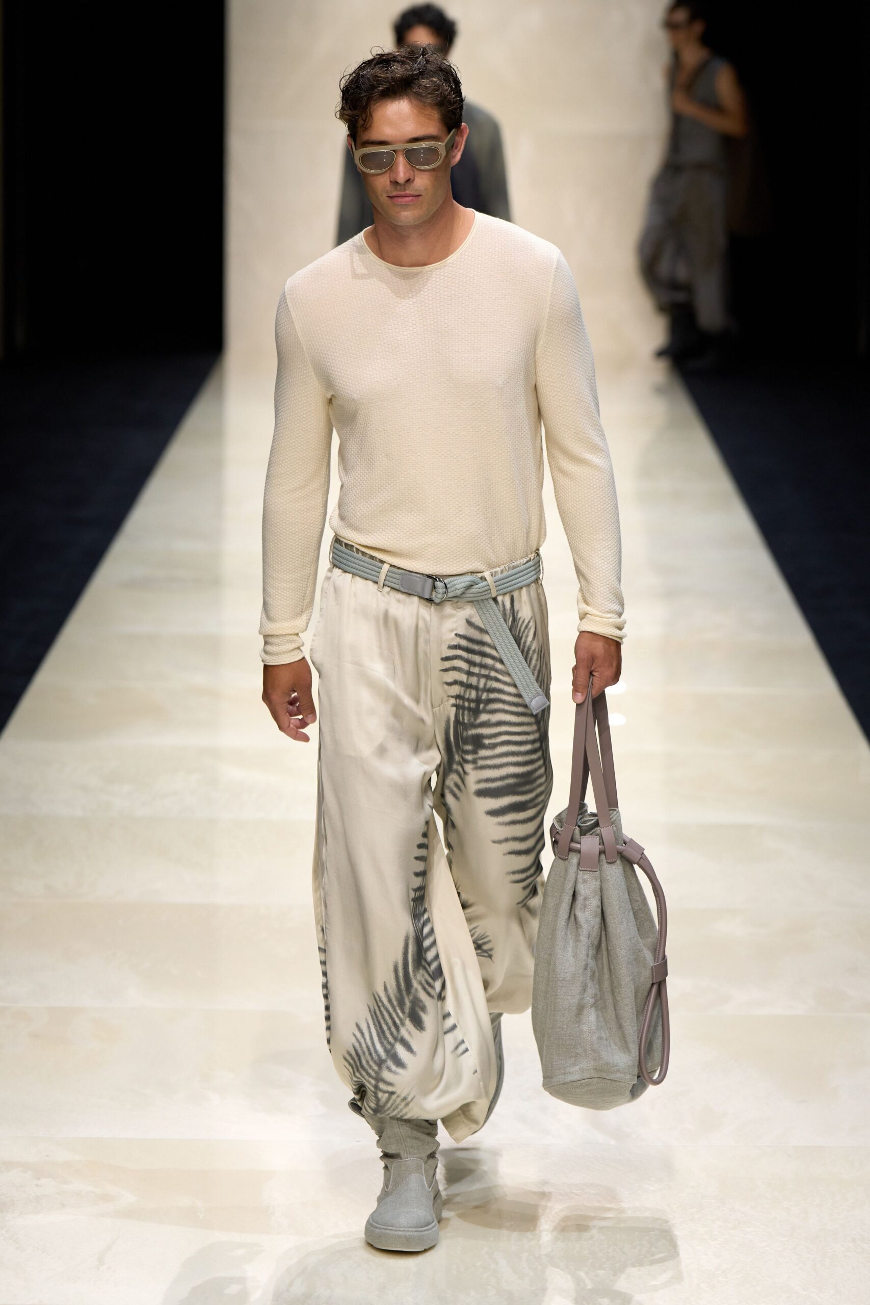 white fitted top beige printed pants