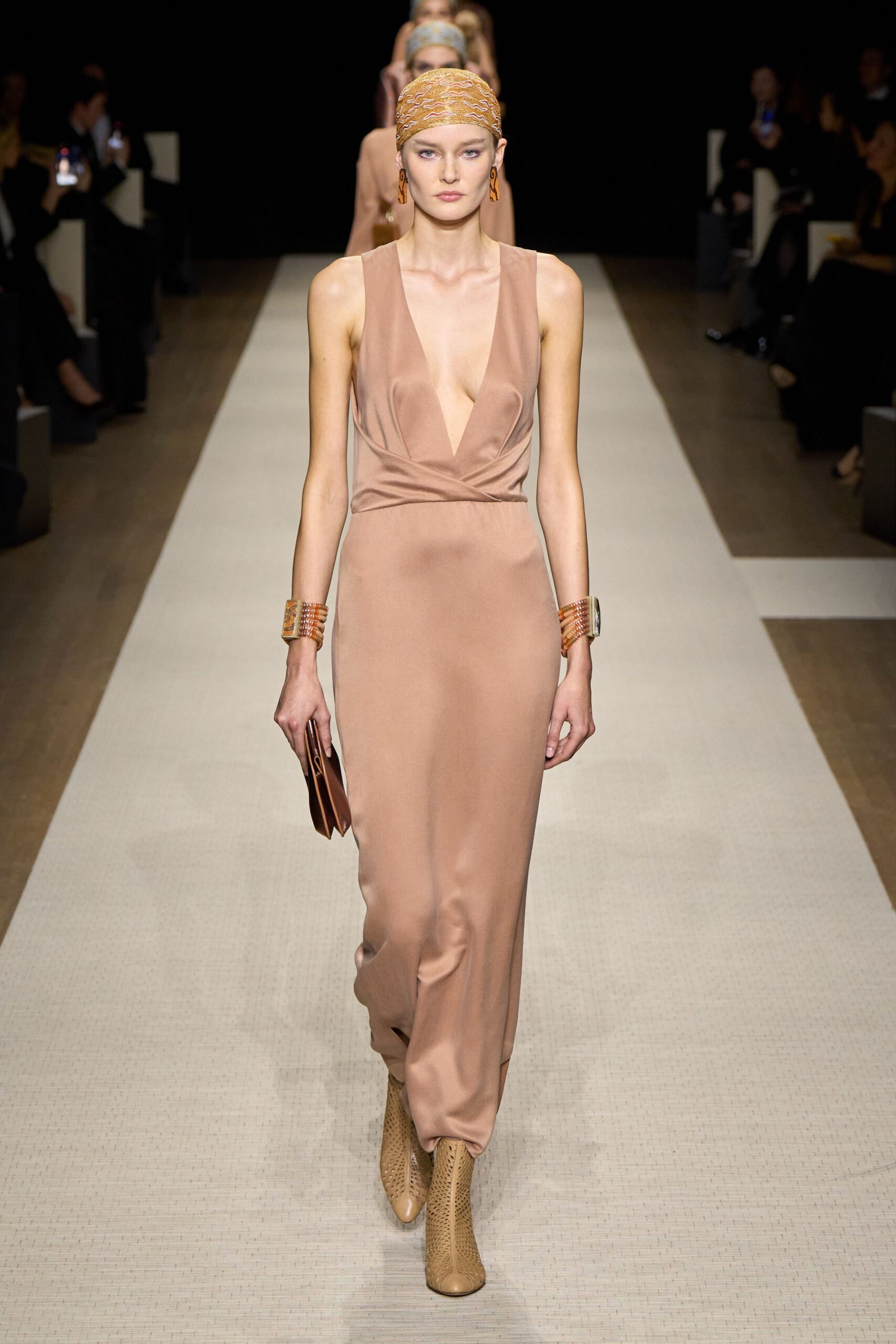 beige silk sleeveless gown