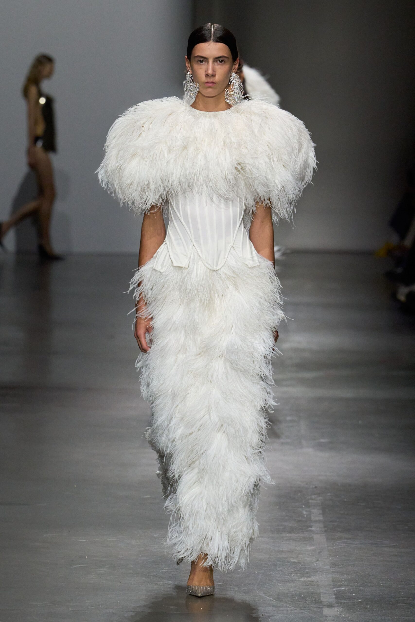 white feather long-sleeve high-neck fitted ruffled flowing gown