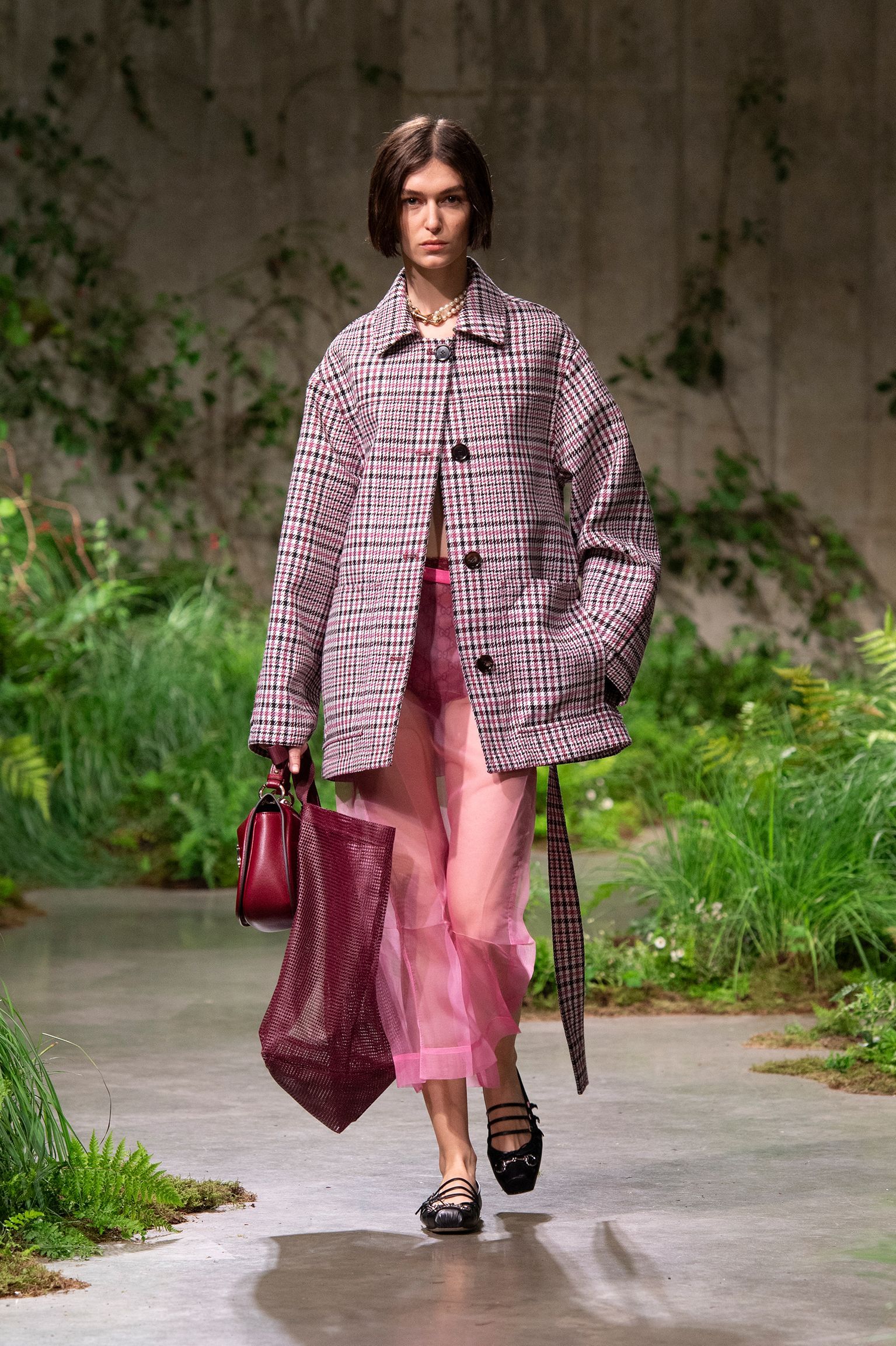 pink cotton long-sleeve collared oversized checked jacket