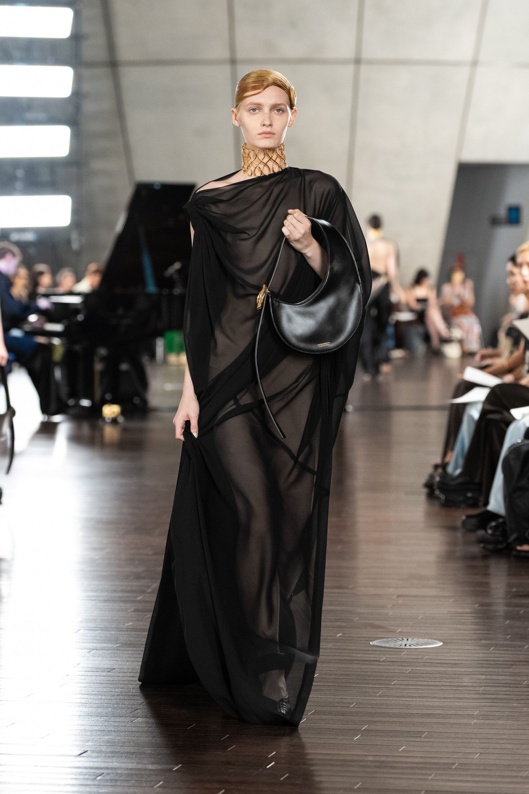 black chiffon sleeveless off-shoulder fitted draped sheer gown