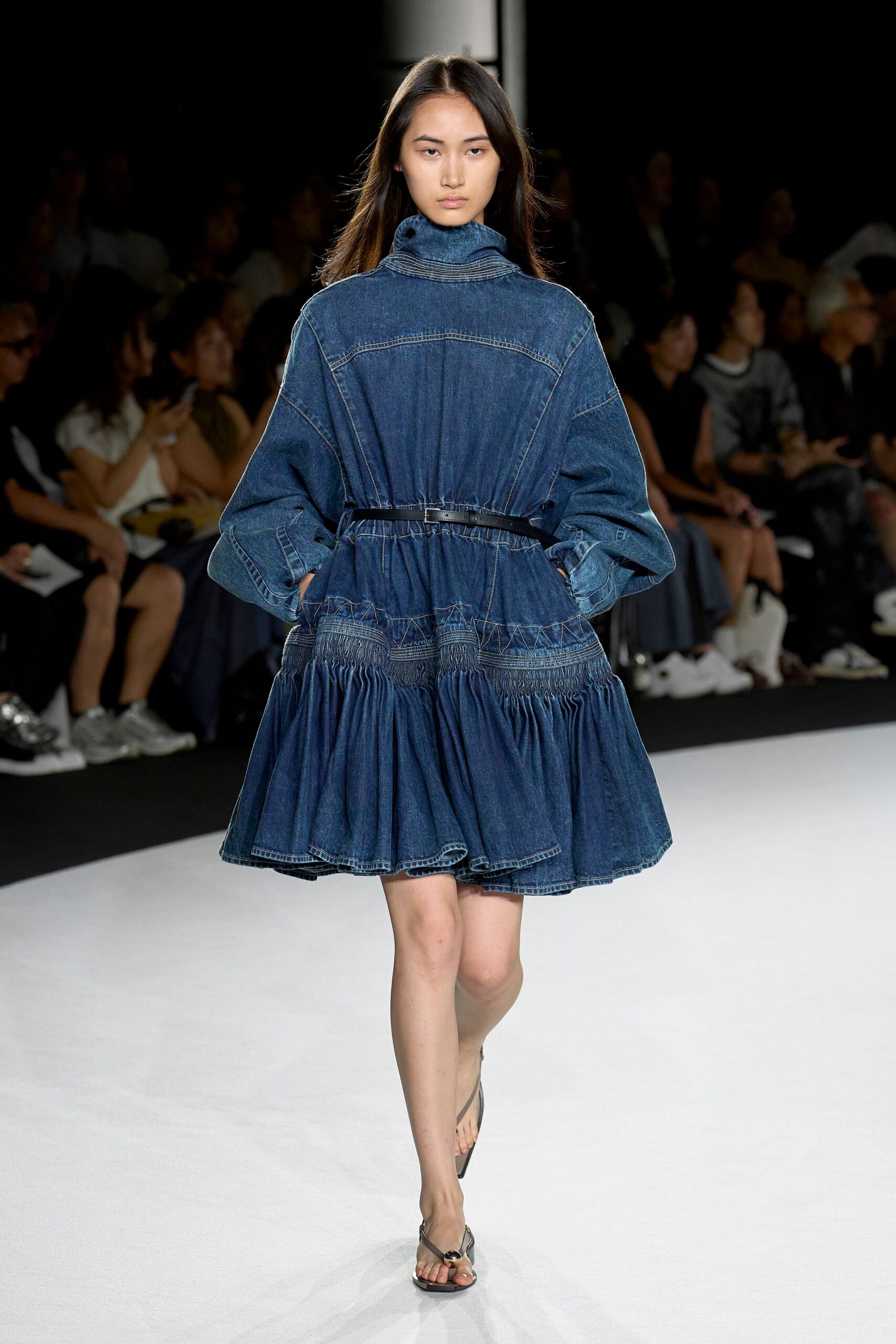 blue denim long-sleeve collared relaxed tiered buttoned dress