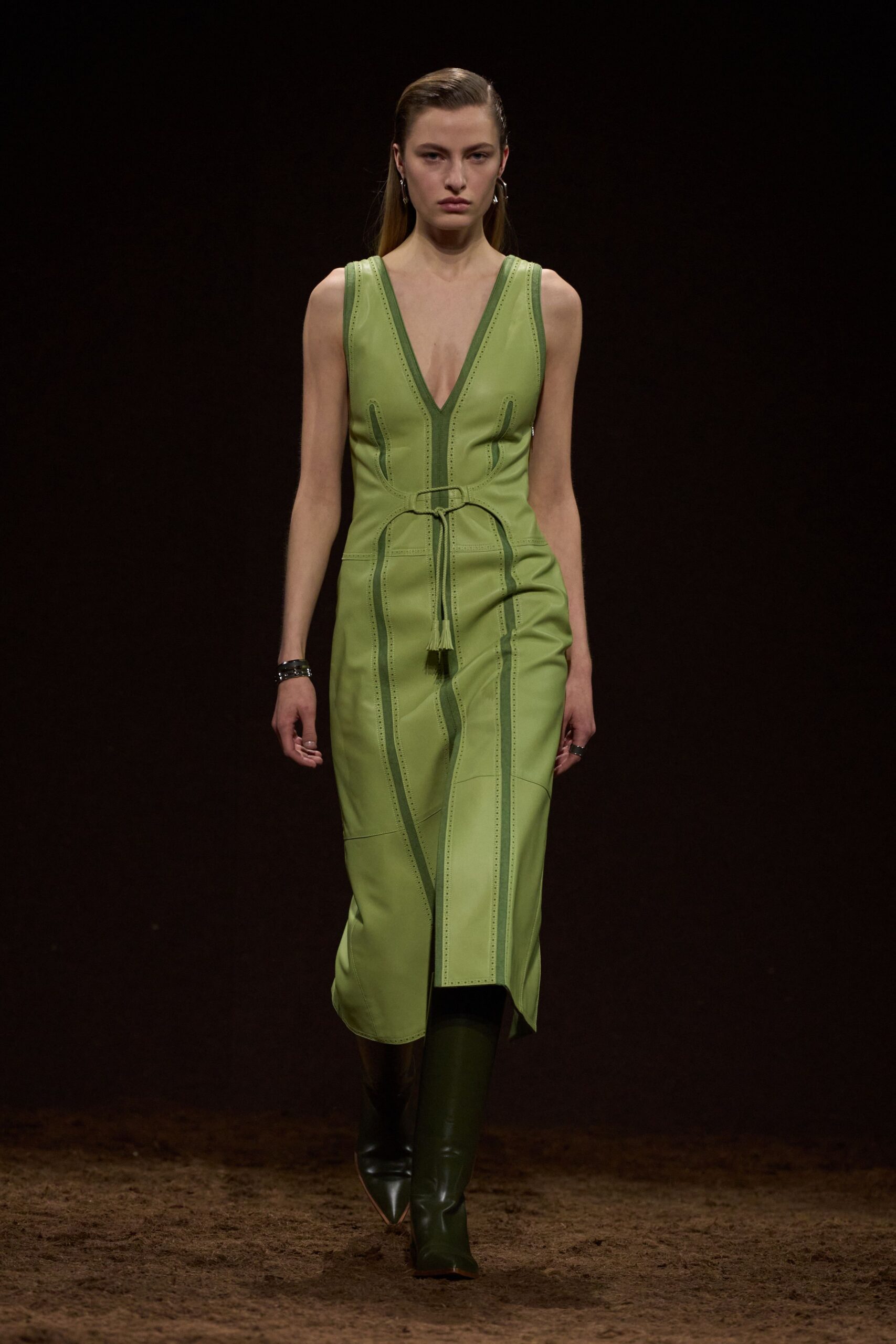 green leather sleeveless v-neck fitted belted midi dress