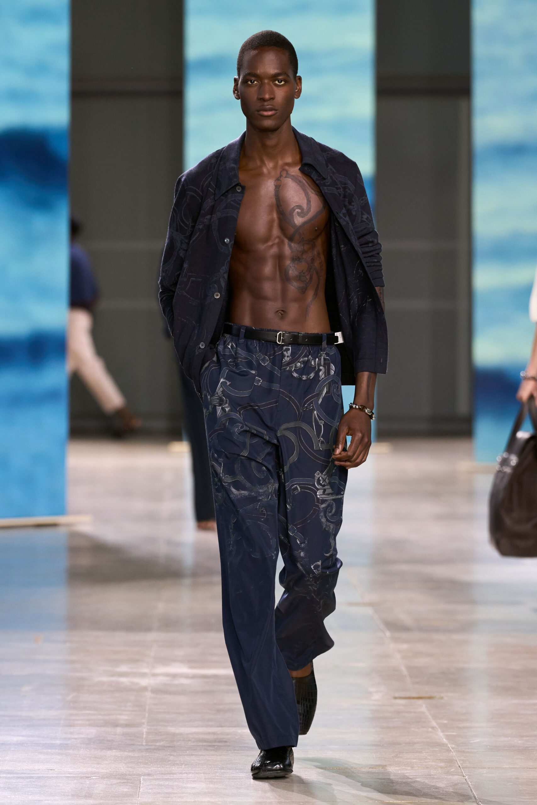 blue cotton slim printed pants