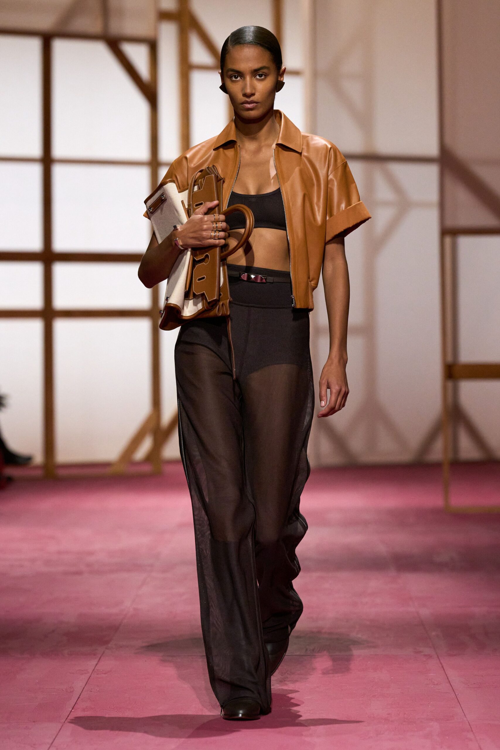 brown leather top with sheer pants