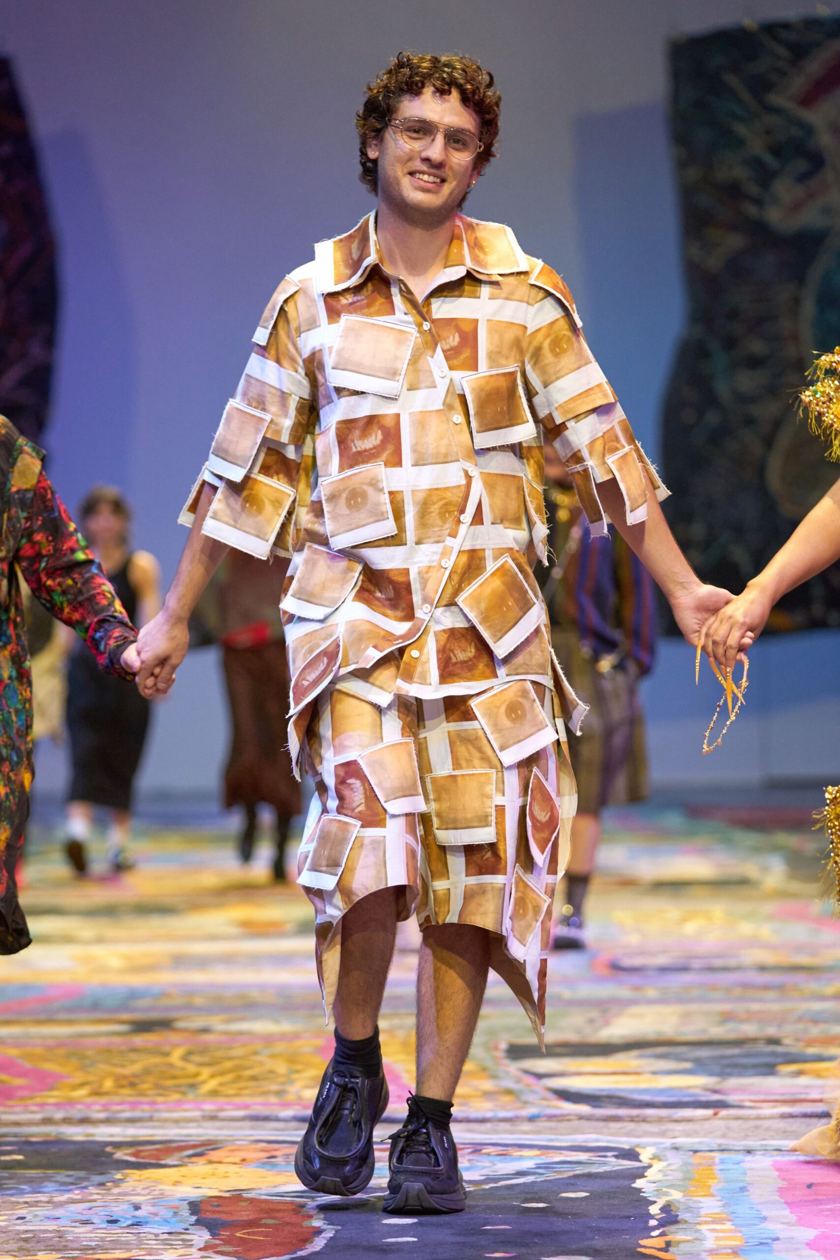 multi cotton short-sleeve collared relaxed printed midi shirt-dress