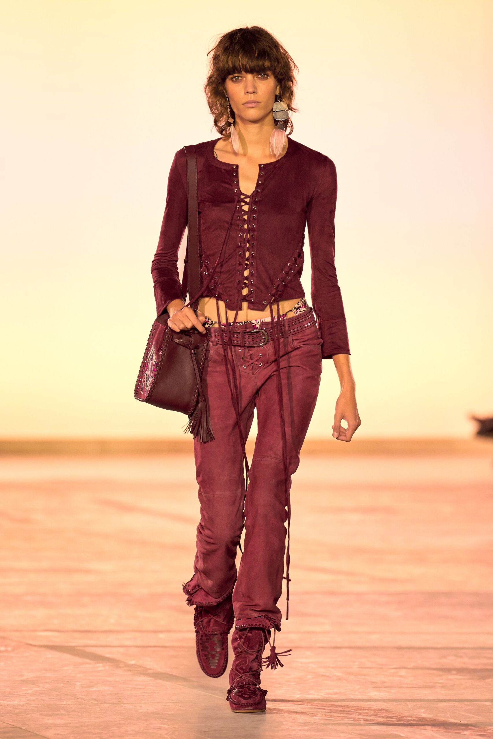 red suede long-sleeve collared fitted buttoned top