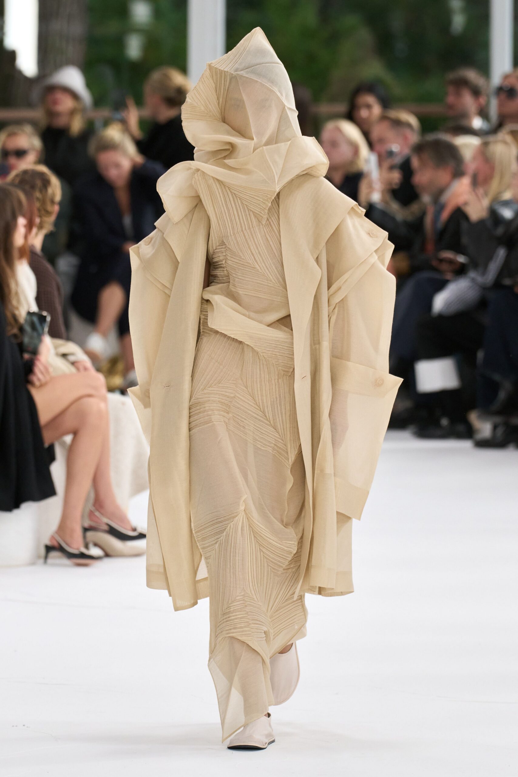 beige silk long-sleeve collared relaxed draped sheer coat