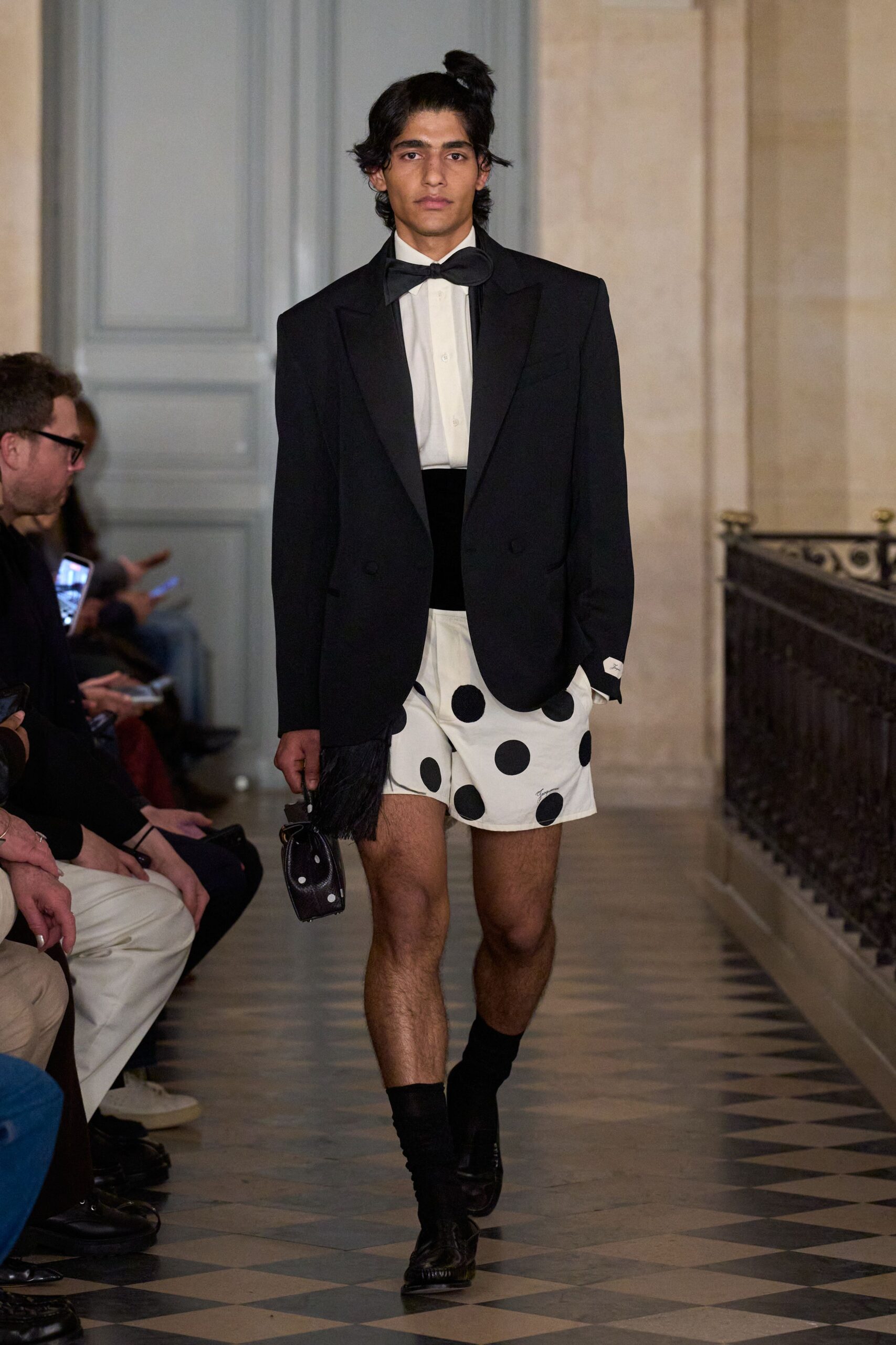 black blazer white shirt polka-dot skirt