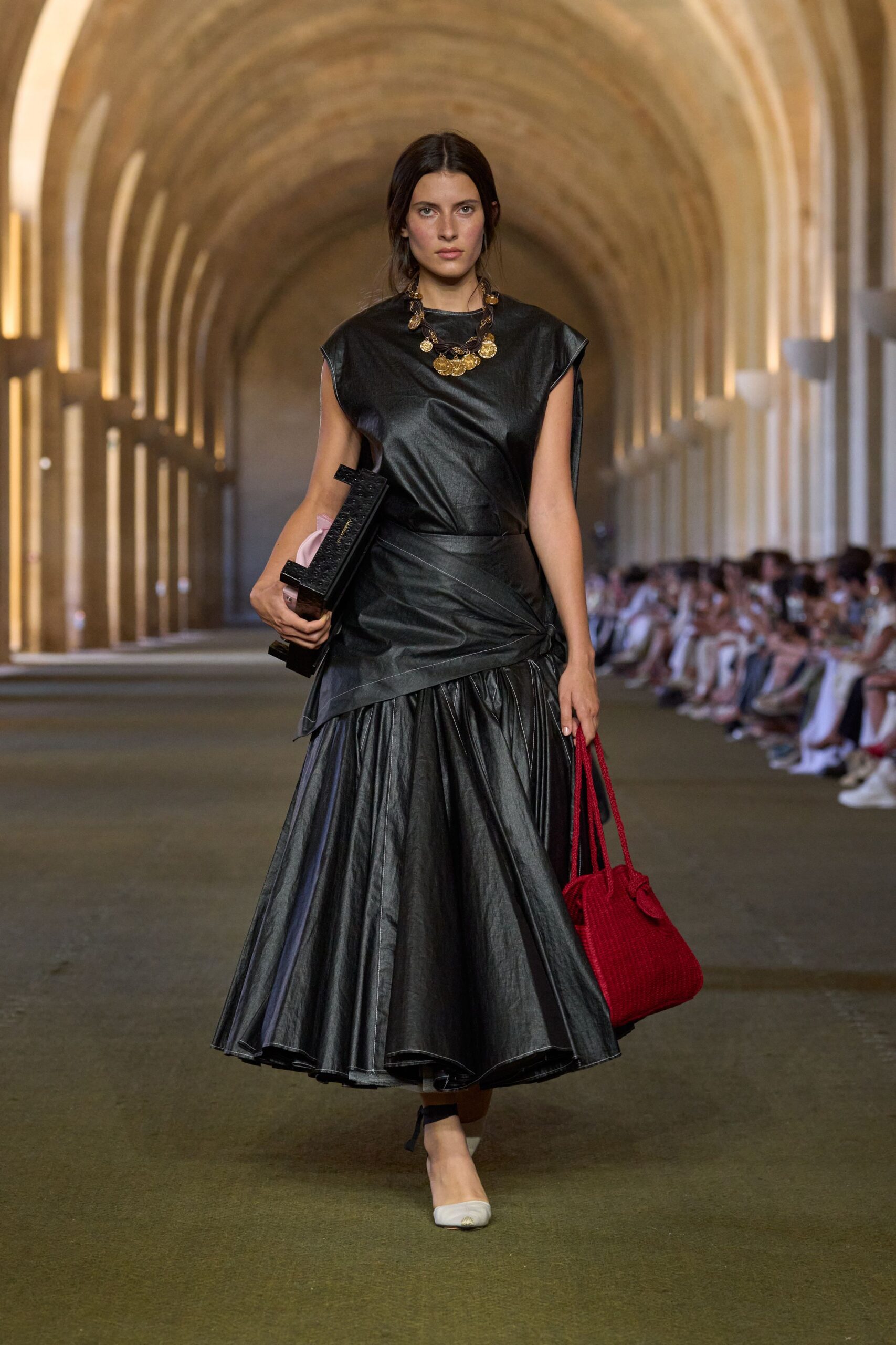 black leather sleeveless v-neck fitted pleated a-line dress