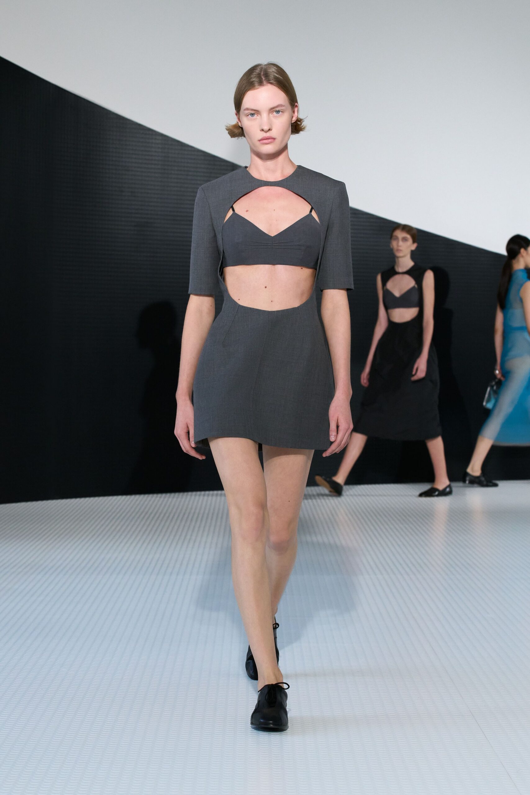 gray cotton sleeveless cutout fitted structured mini dress