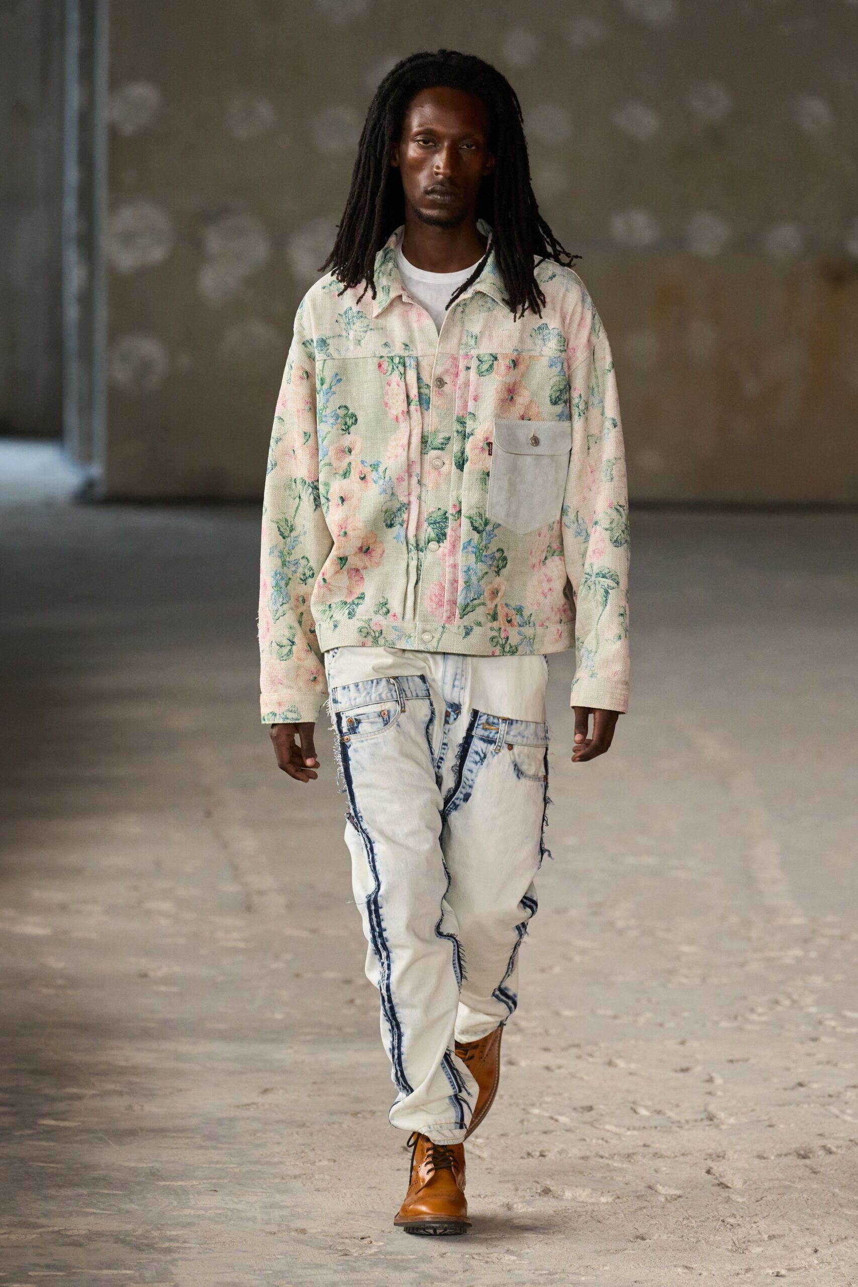 floral jacket with distressed jeans