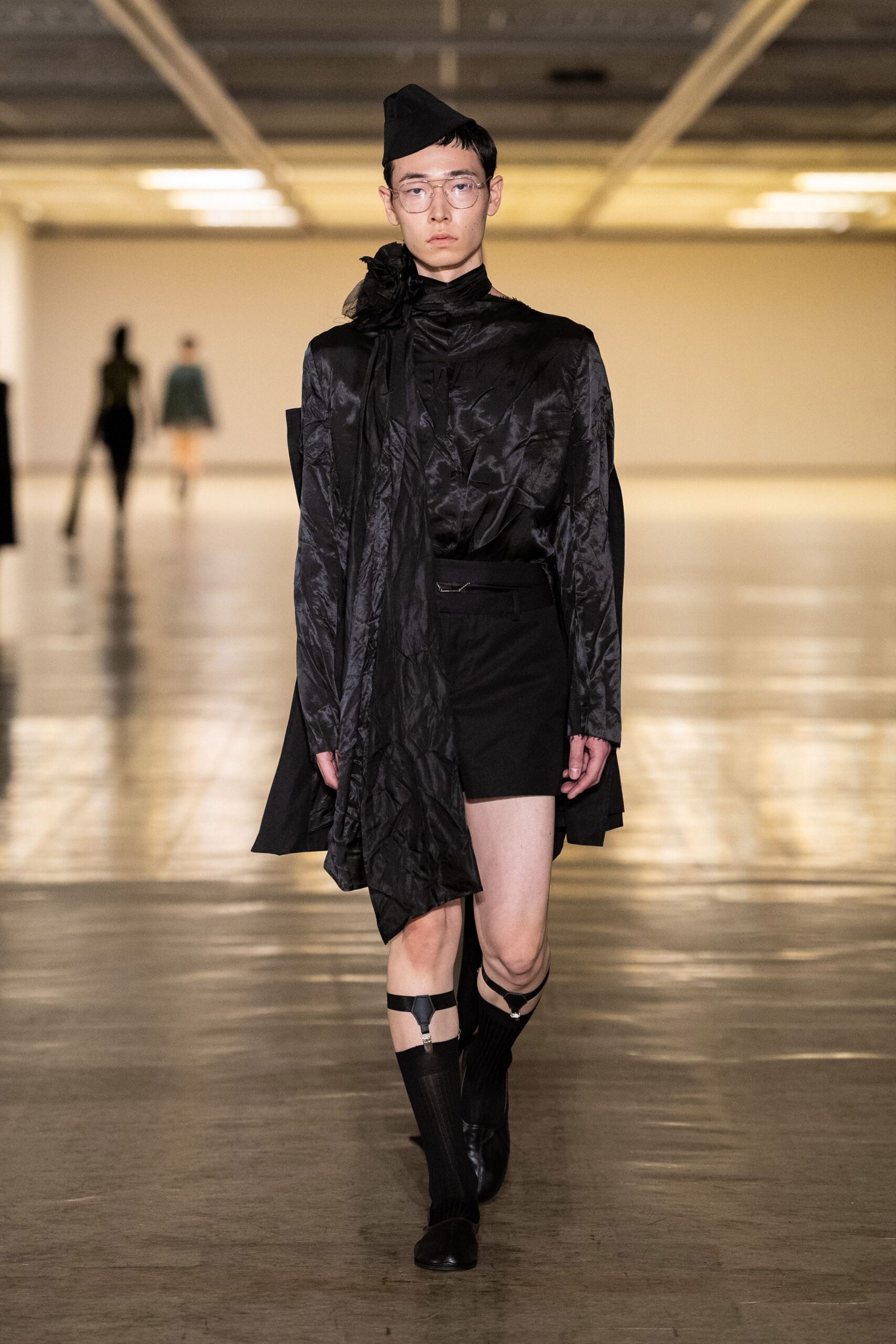 black silk long-sleeve collared fitted draped shirt