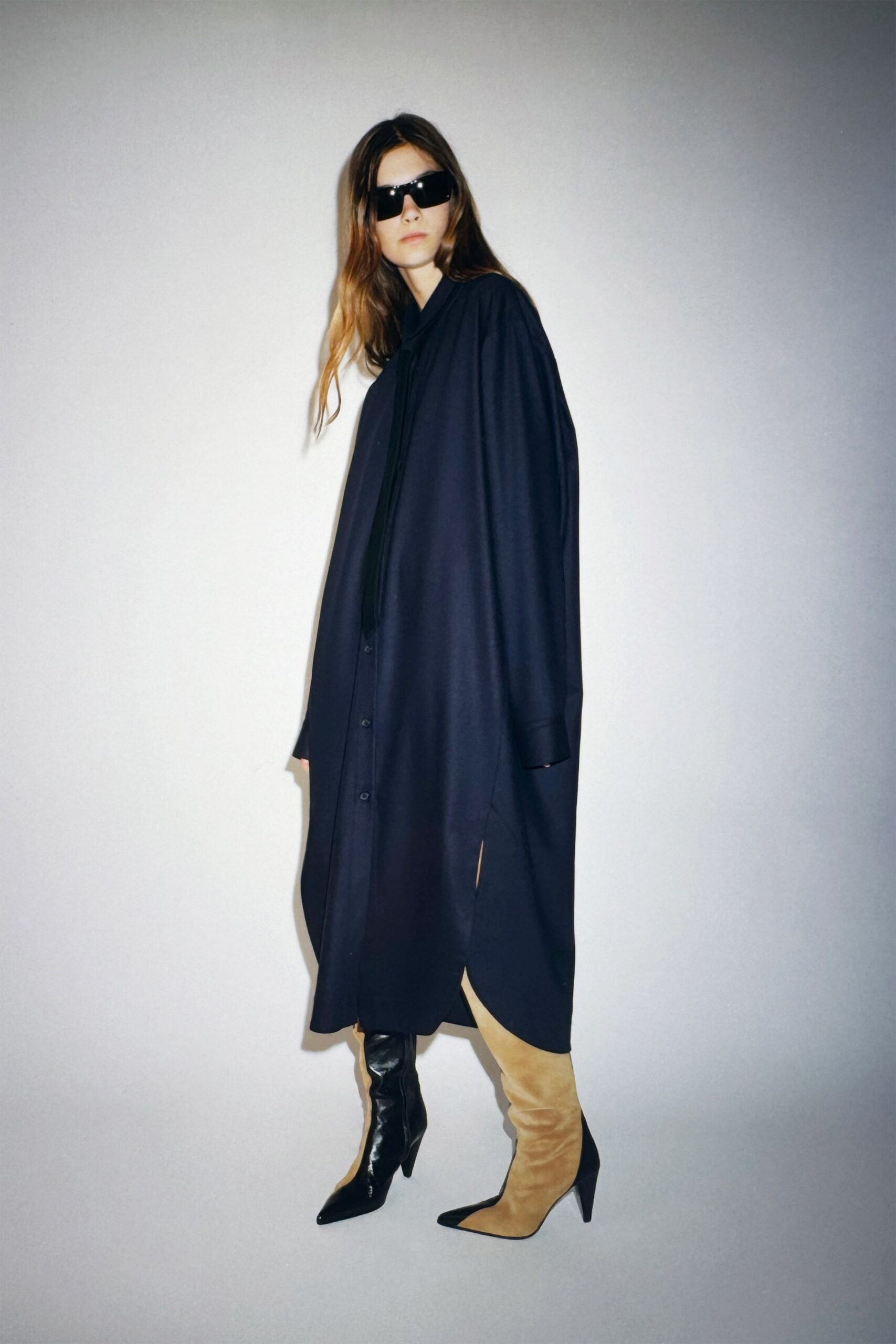 black oversized shirt-dress with boots