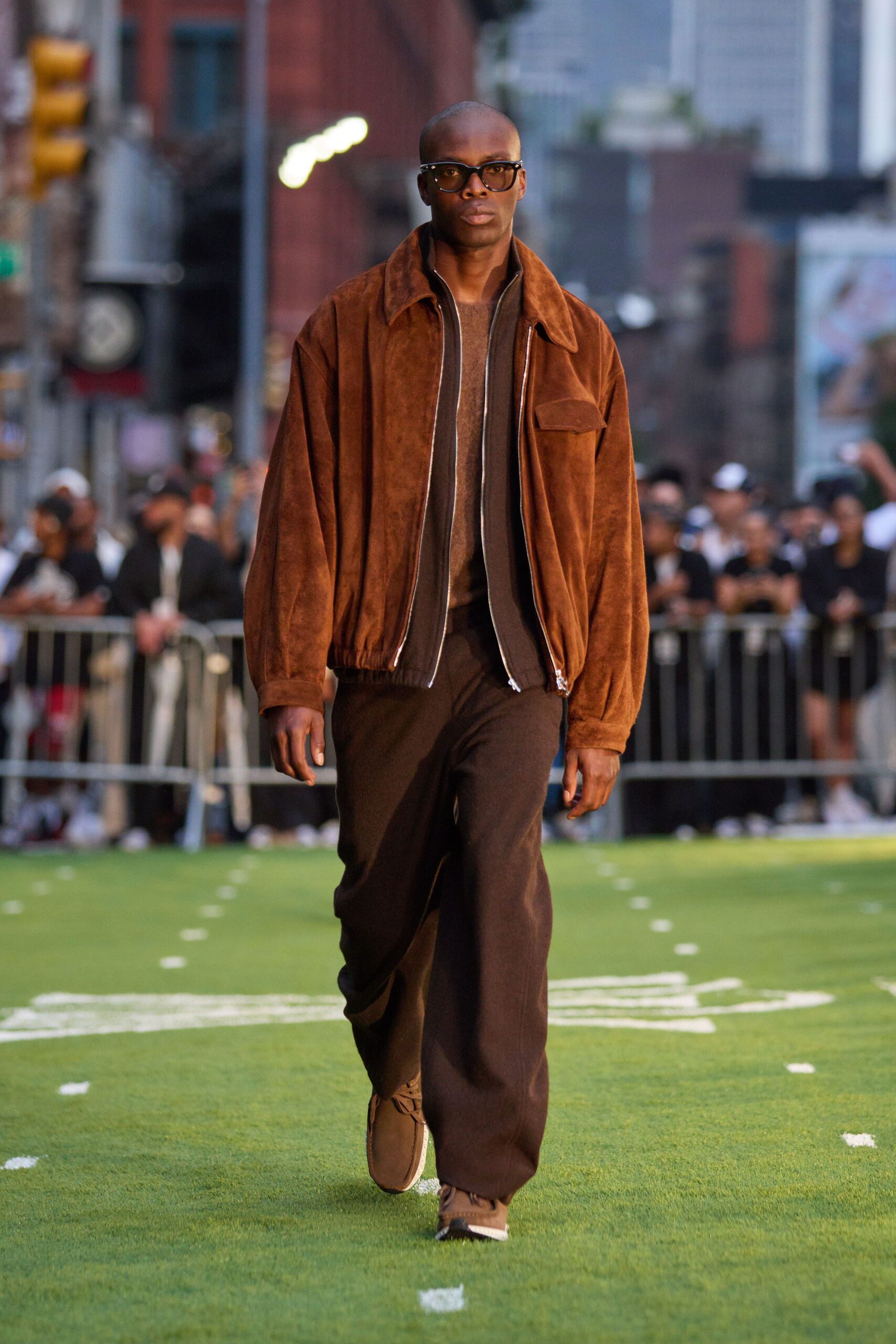 brown suede jacket with gray top