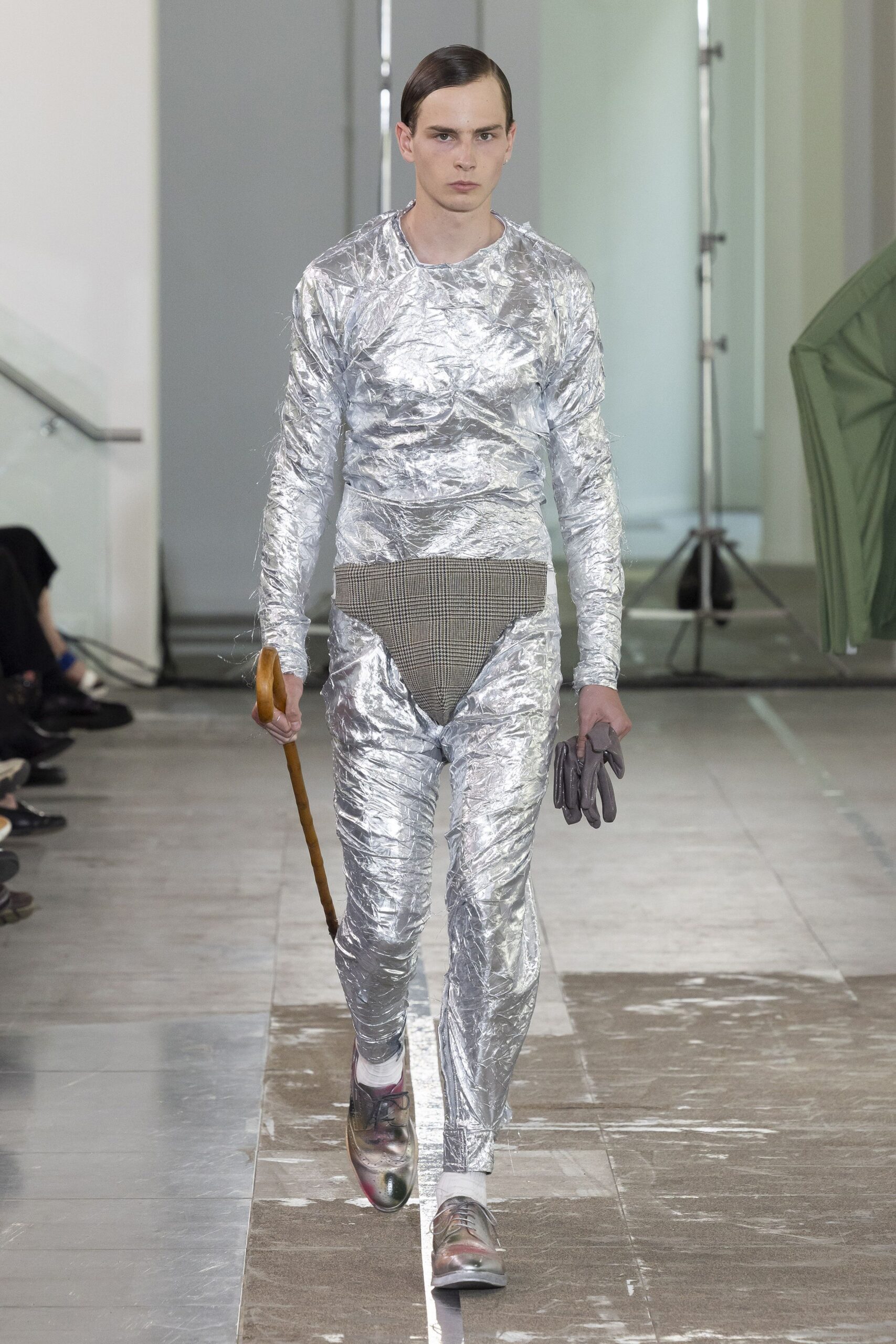 gray metallic long-sleeve fitted ruched shiny catsuit