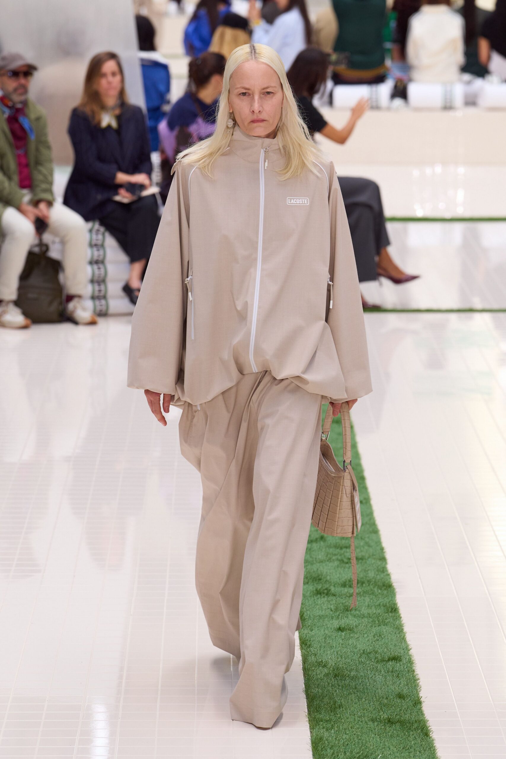 beige oversized jacket and relaxed pants