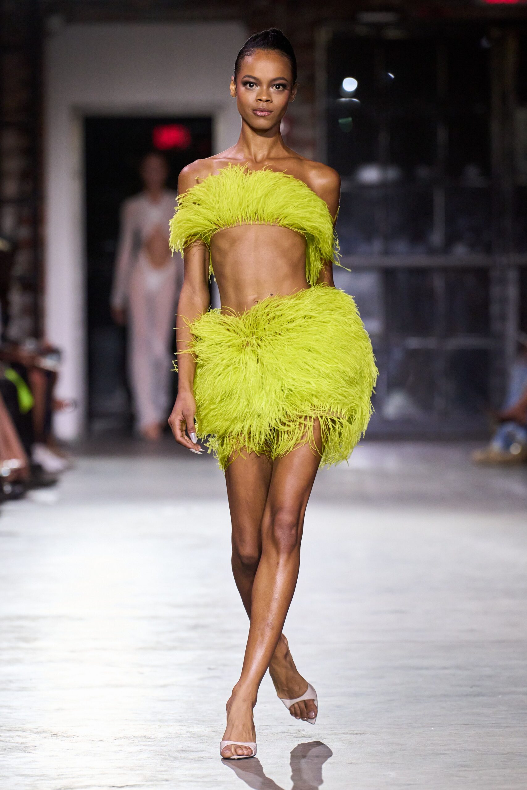 green feather sleeveless off-shoulder fitted fringed mini dress