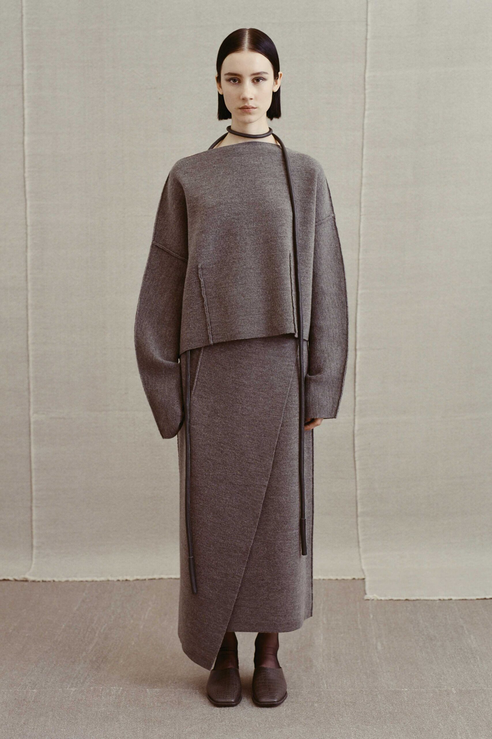 gray wool fitted draped maxi skirt