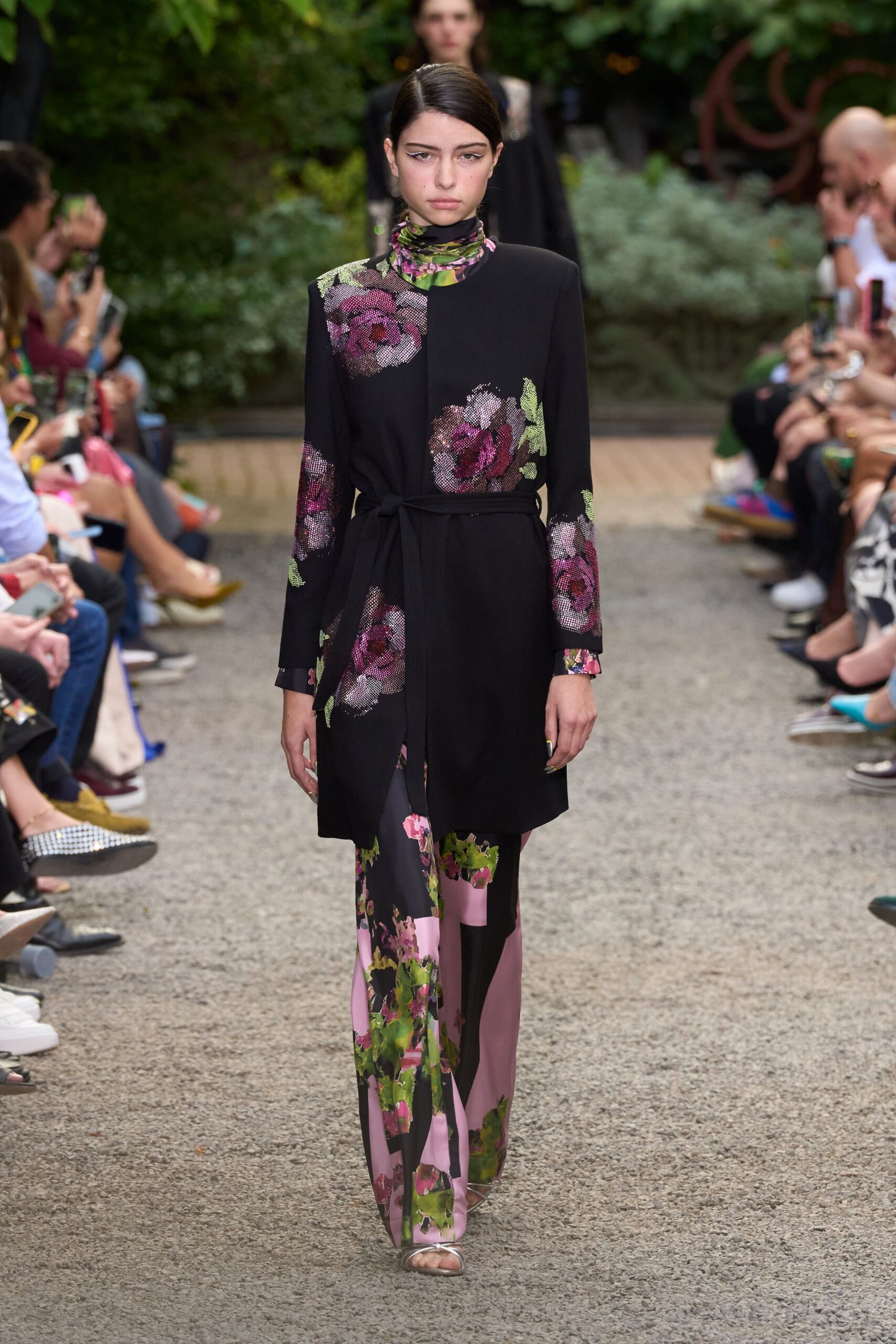 black silk long-sleeve collared fitted floral belted dress