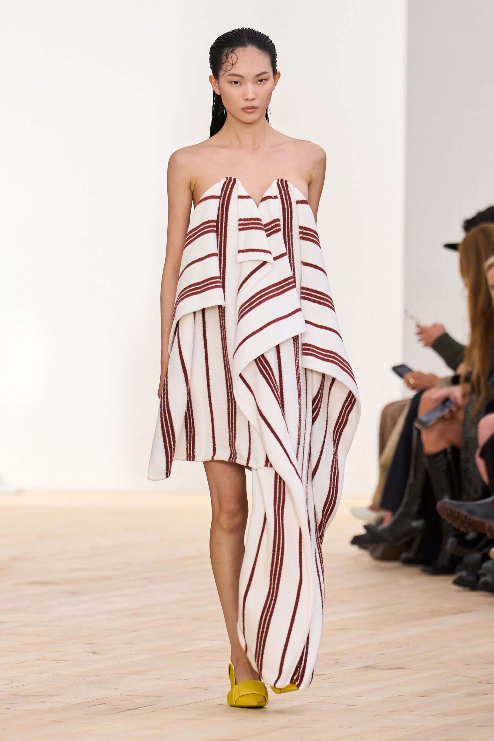 white cotton strapless fitted striped draped mini dress