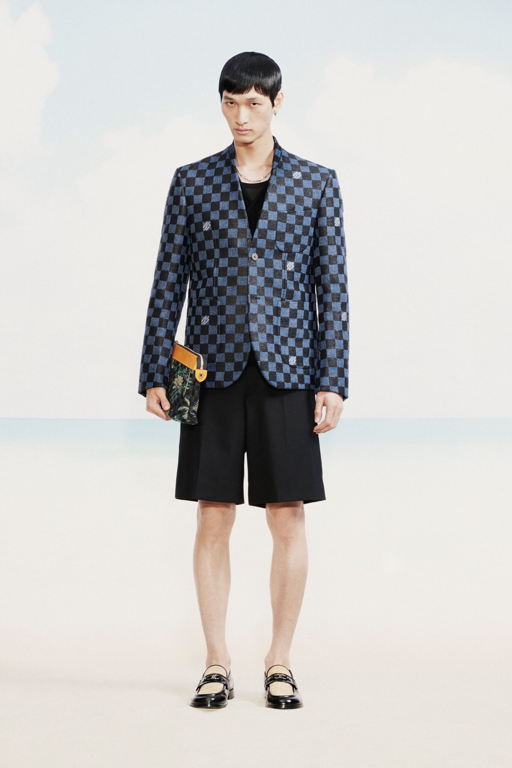 blue checkered blazer with shorts