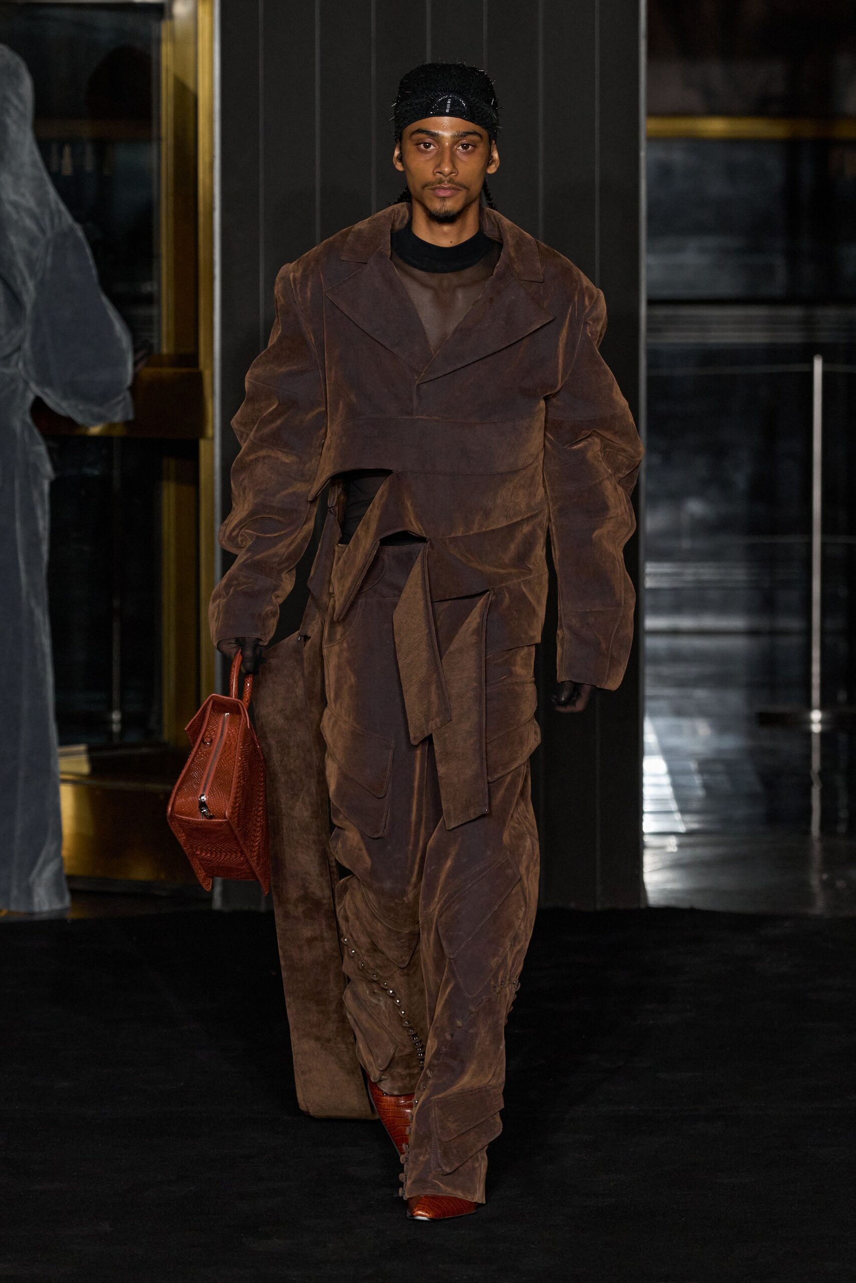 brown suede relaxed draped pants