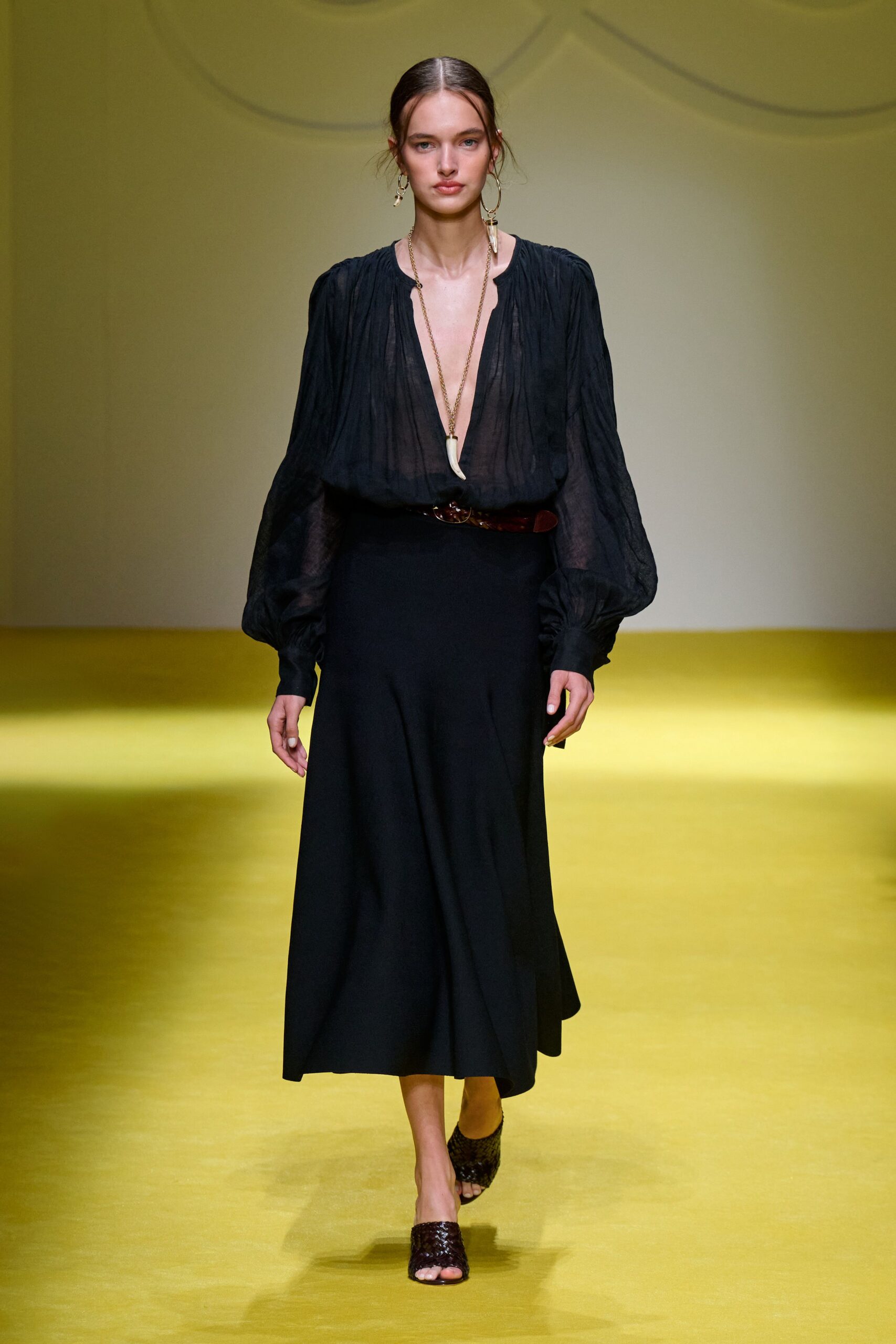 black silk blouse and midi skirt