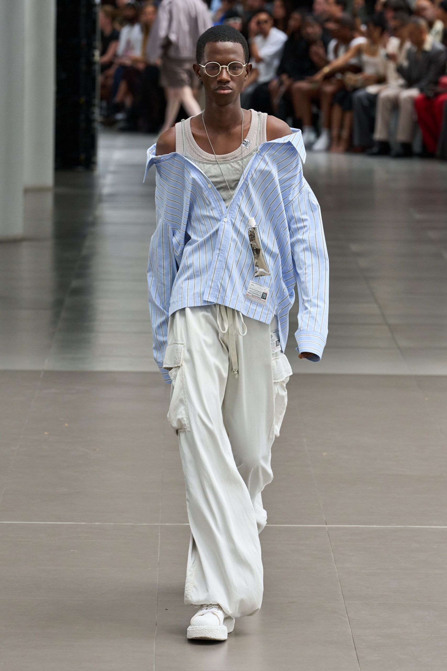 relaxed blue and white shirt with cargo pants