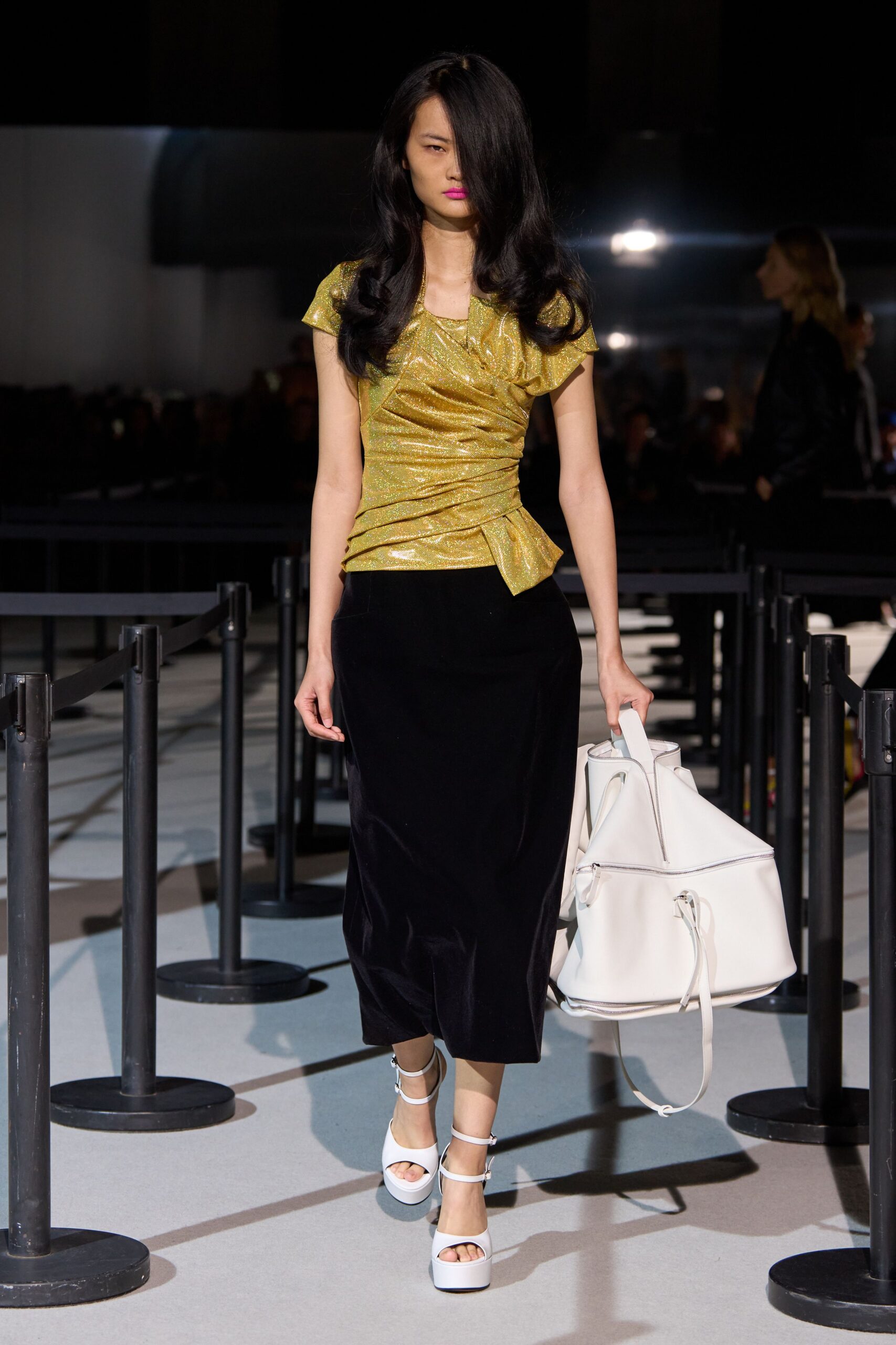 gold fitted top black midi skirt
