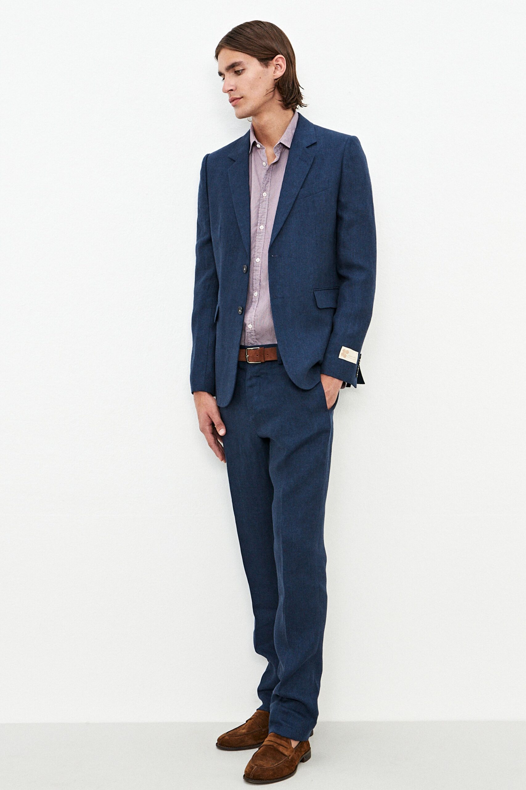 blue cotton long-sleeve collared tailored buttoned suit