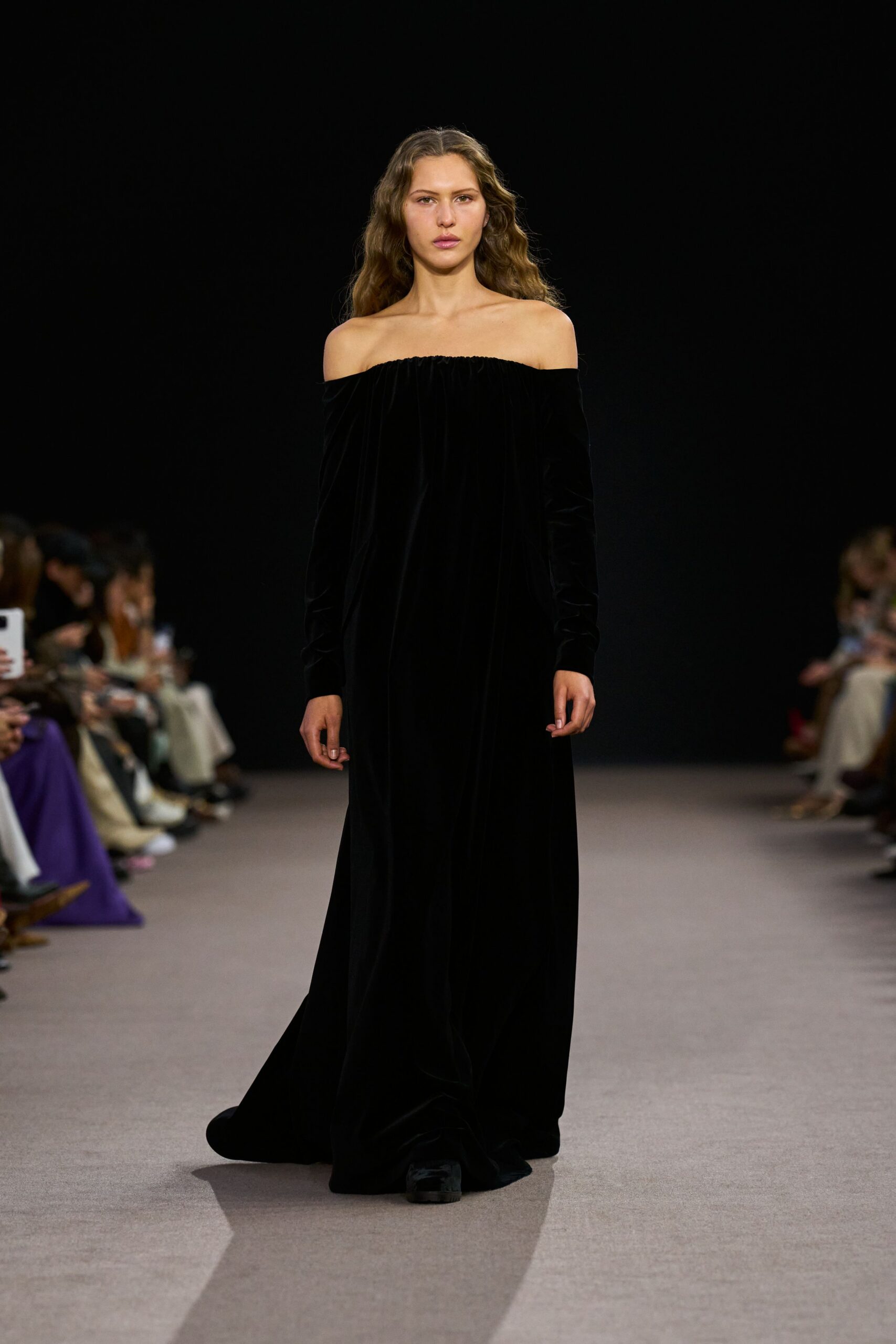 black velvet off-shoulder gown