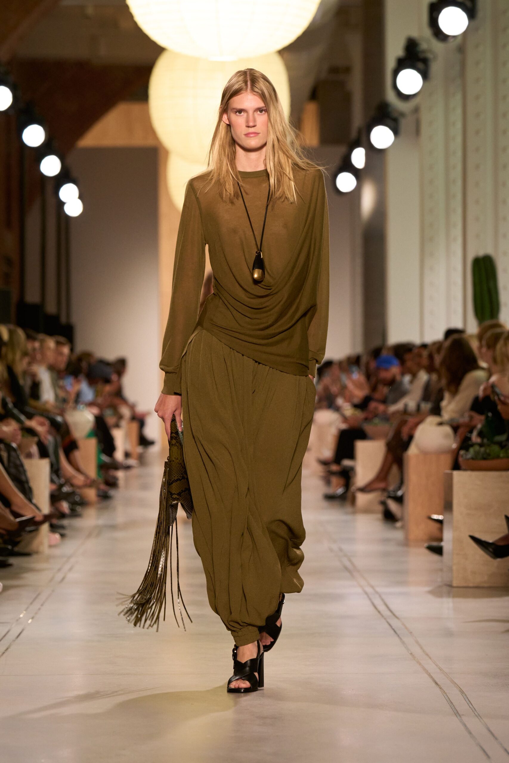 green silk long-sleeve v-neck relaxed draped top