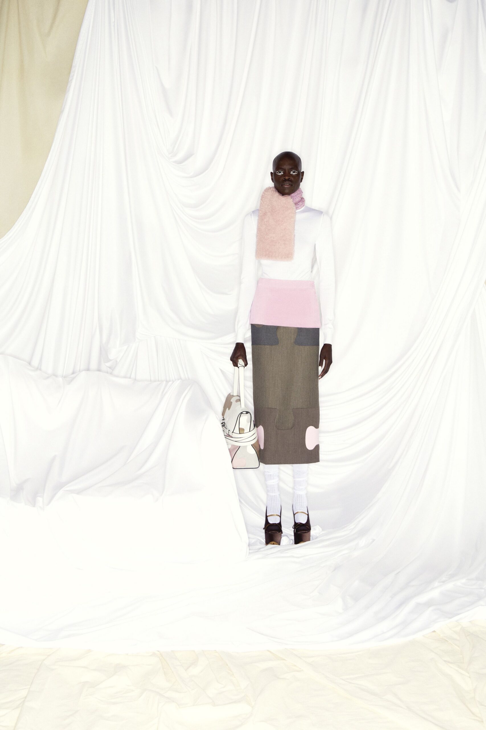 white pink color-blocked outfit