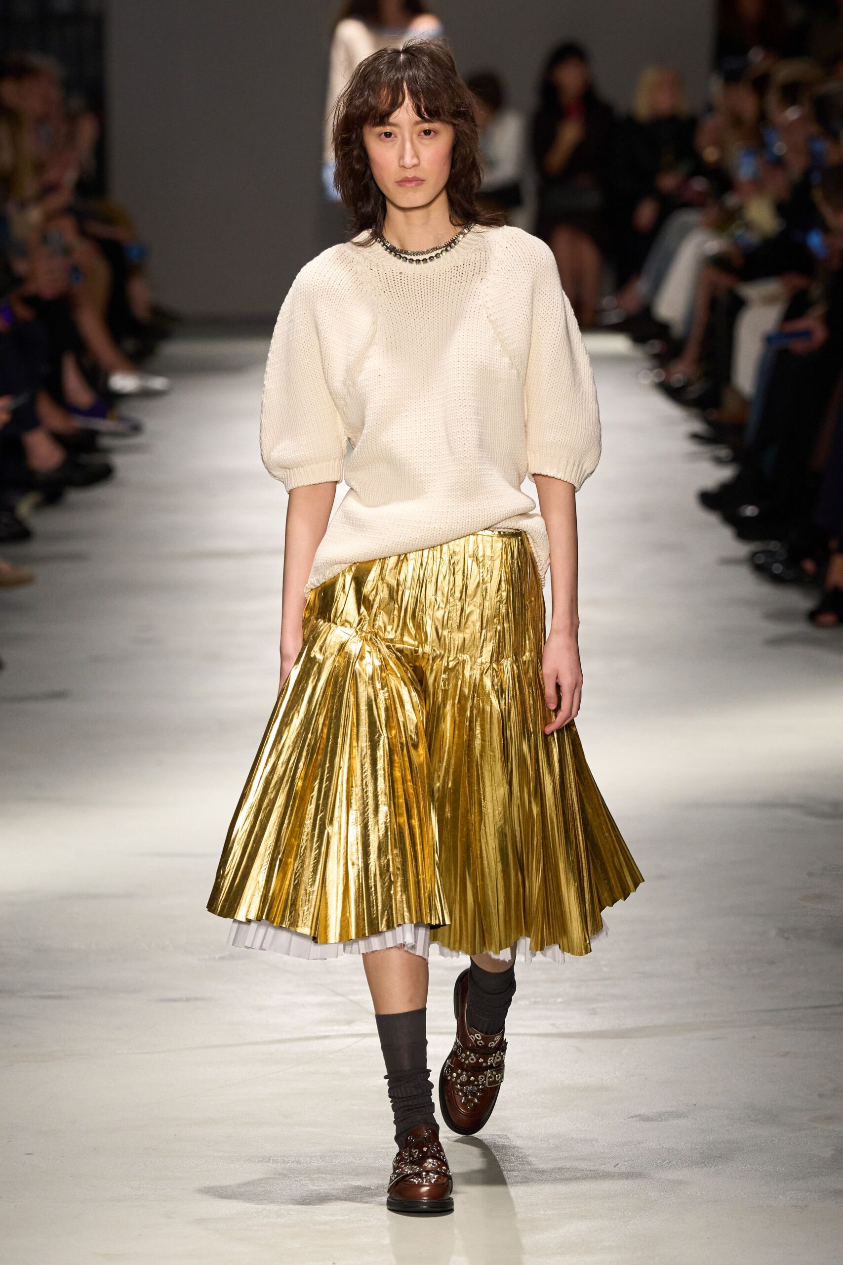 gold silk fitted pleated a-line shiny midi skirt
