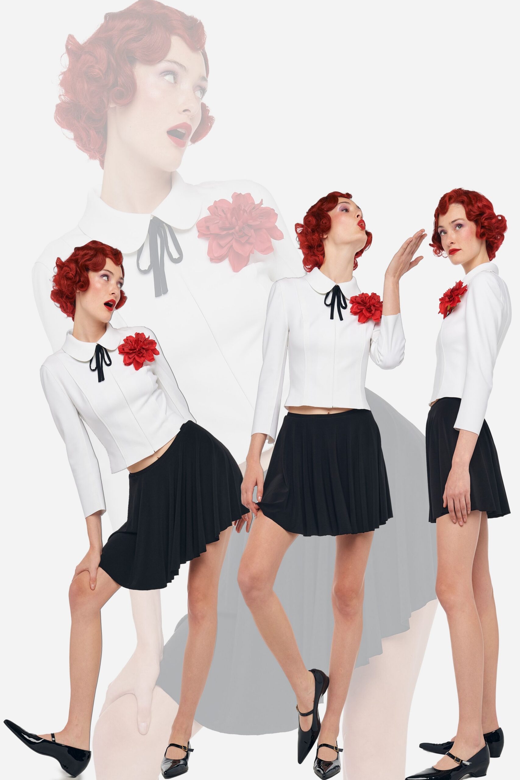 white cotton long-sleeve collared fitted pleated cropped blouse