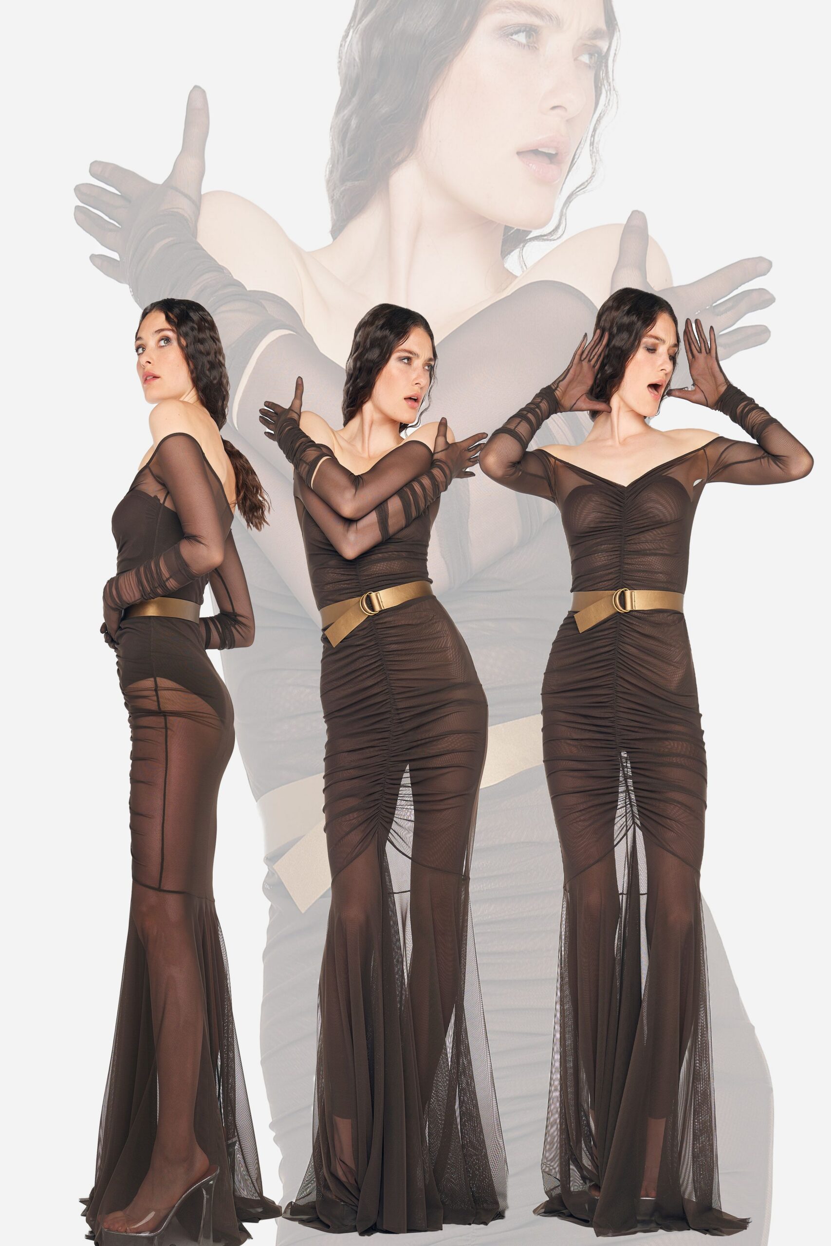 brown mesh long-sleeve off-shoulder fitted ruched tiered gown