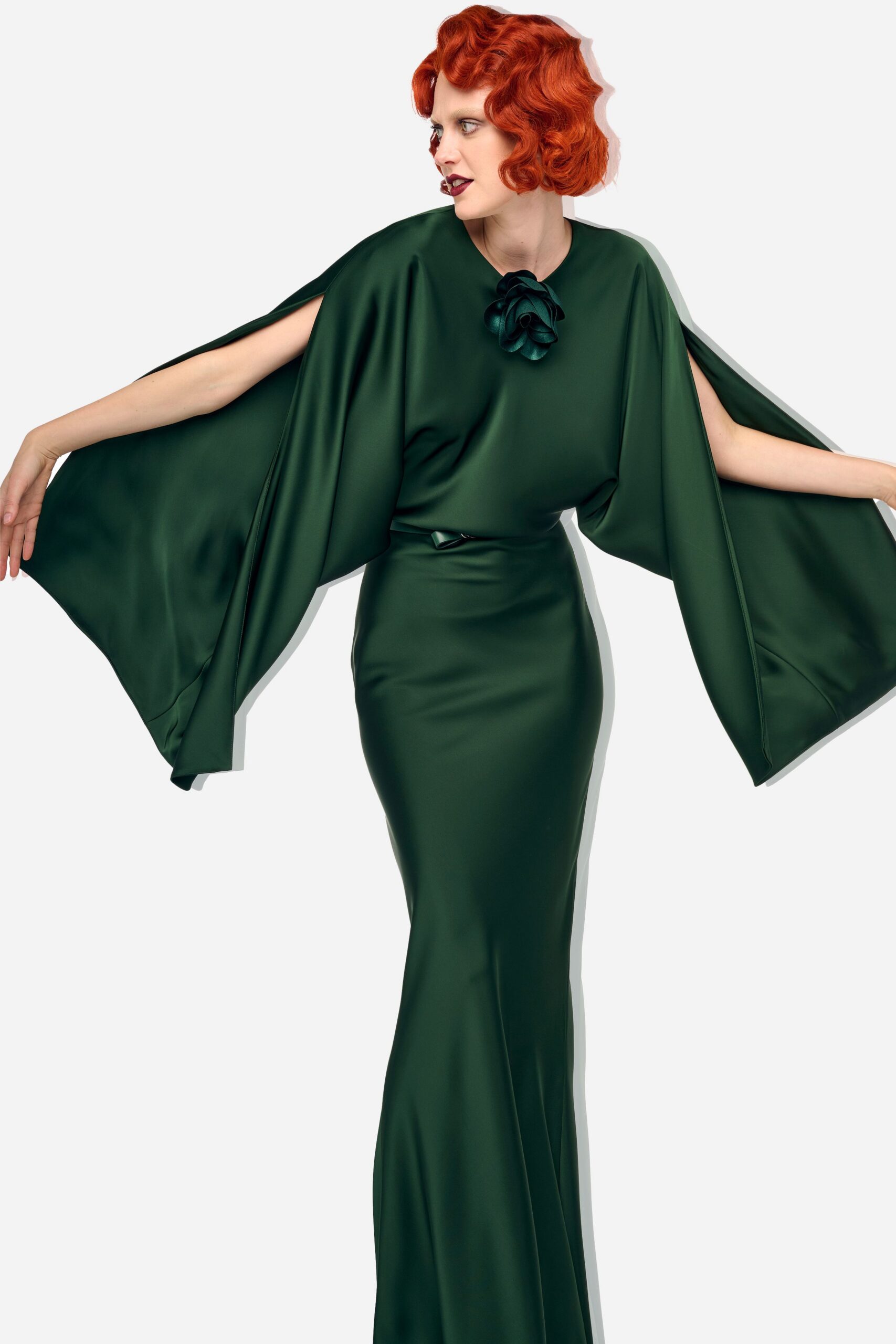 green silk fitted gown