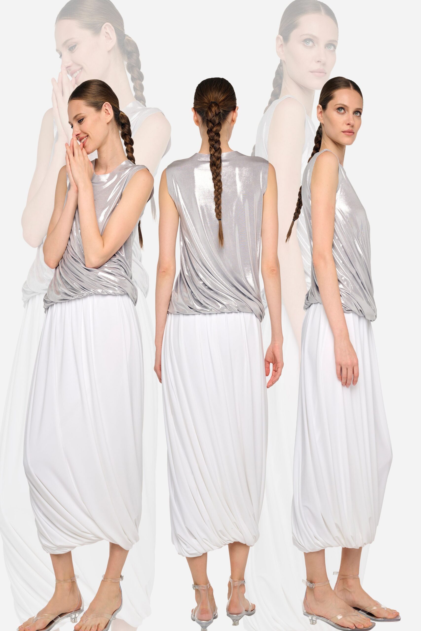 silver draped top white pants