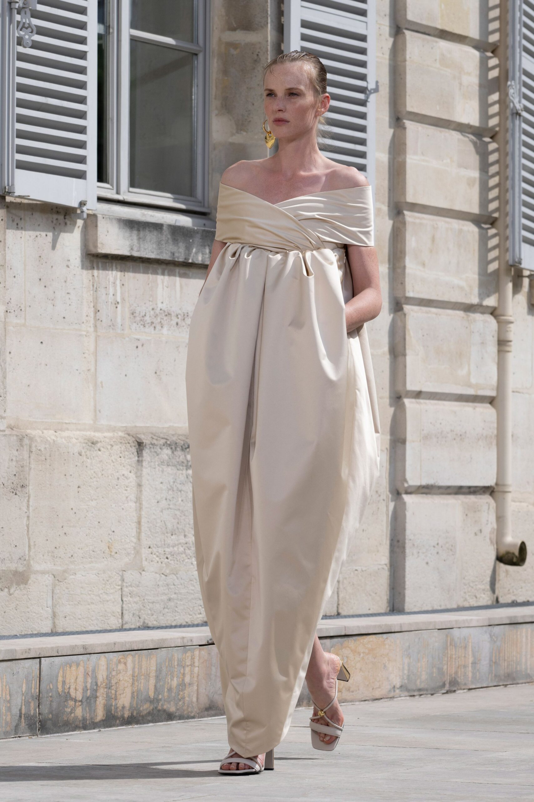 beige silk off-shoulder relaxed draped pockets maxi gown