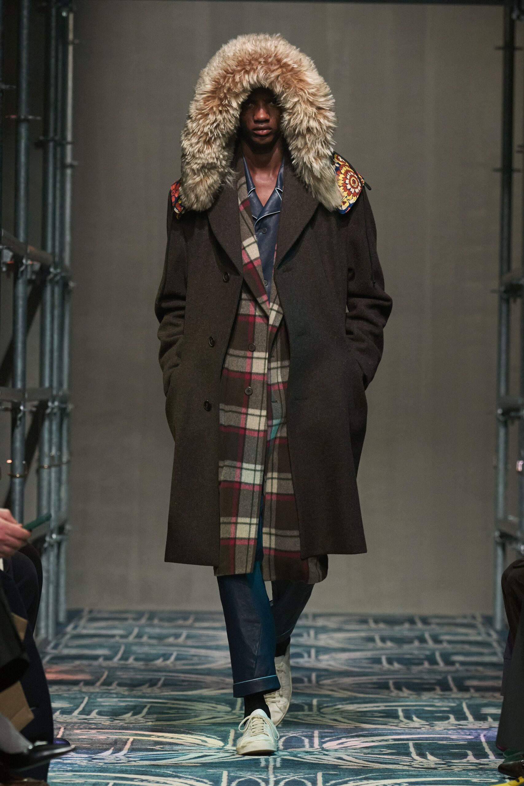 black wool long-sleeve collared relaxed checked layered coat