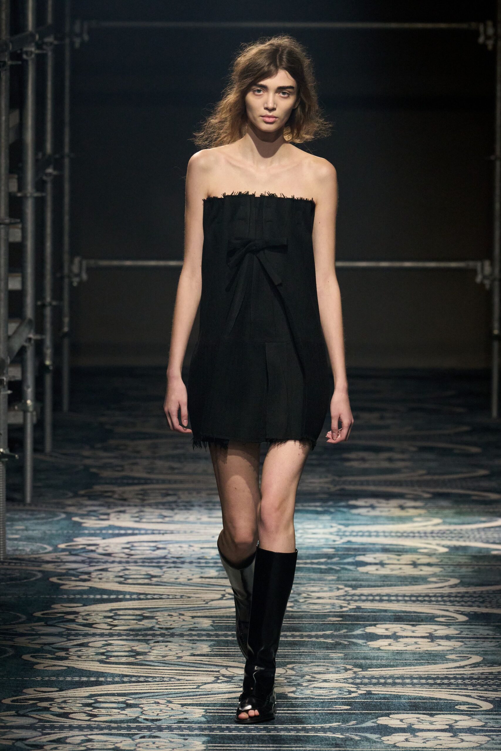 black silk strapless fitted ruffled mini mini-dress