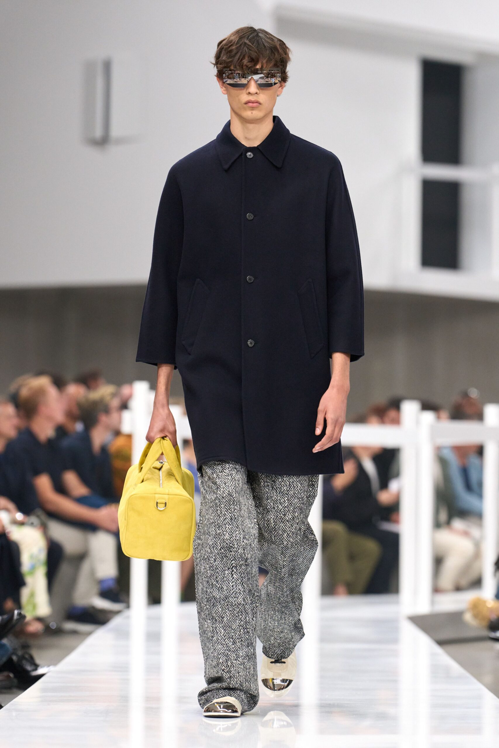 navy wool coat with gray pants